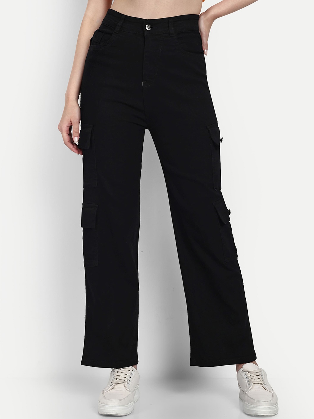 

Next One Women Smart Wide Leg High-Rise Clean look Stretchable Cargo Jeans, Black