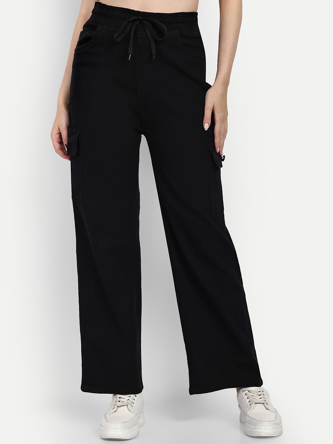 

Next One Women Smart Wide Leg High-Rise Clean Look Stretchable Cargo Jeans, Black