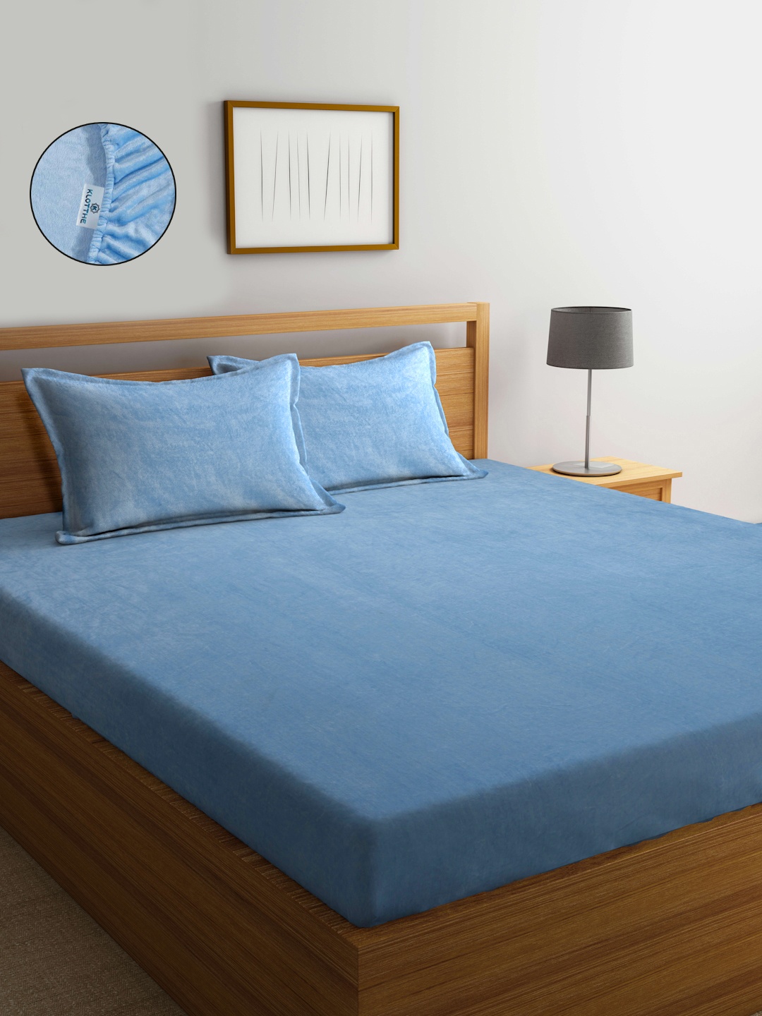 

KLOTTHE Blue Woolen 300TC King Fitted Bedsheet With 2 Pillow Covers