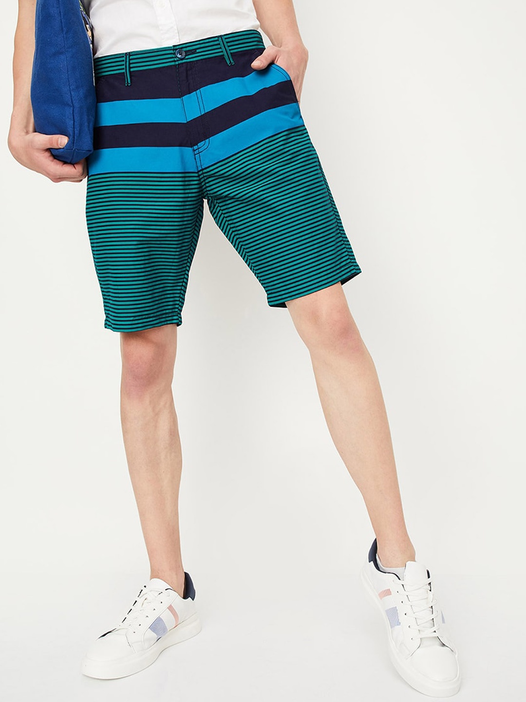 

max Men Horizontal Striped Pure Cotton Shorts, Blue