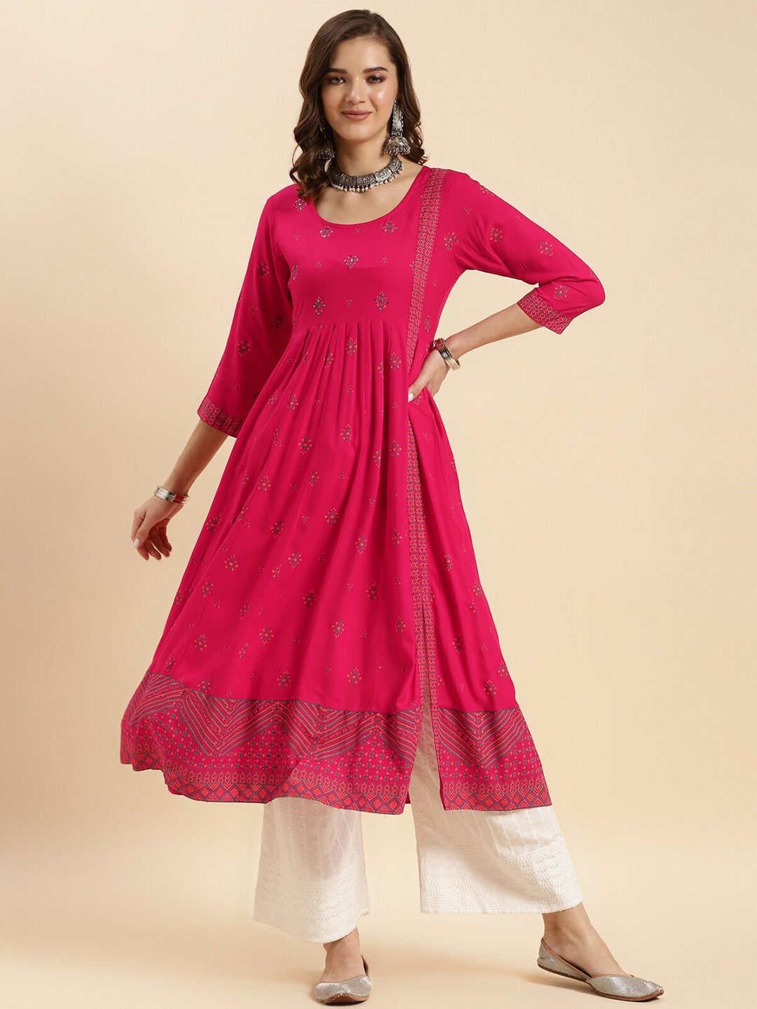 

Rangita Ethnic Motifs Printed Round Neck Pleated Anarkali Kurta, Pink