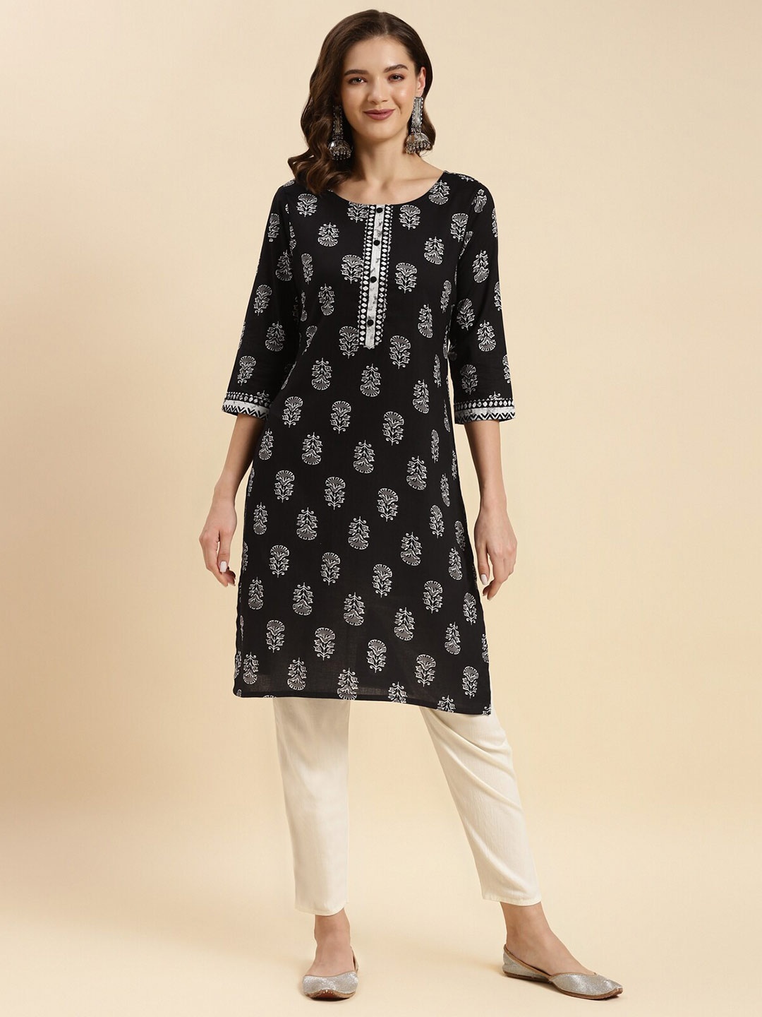 

Rangita Ethnic Motifs Printed Pure Cotton Straight Kurta, Black
