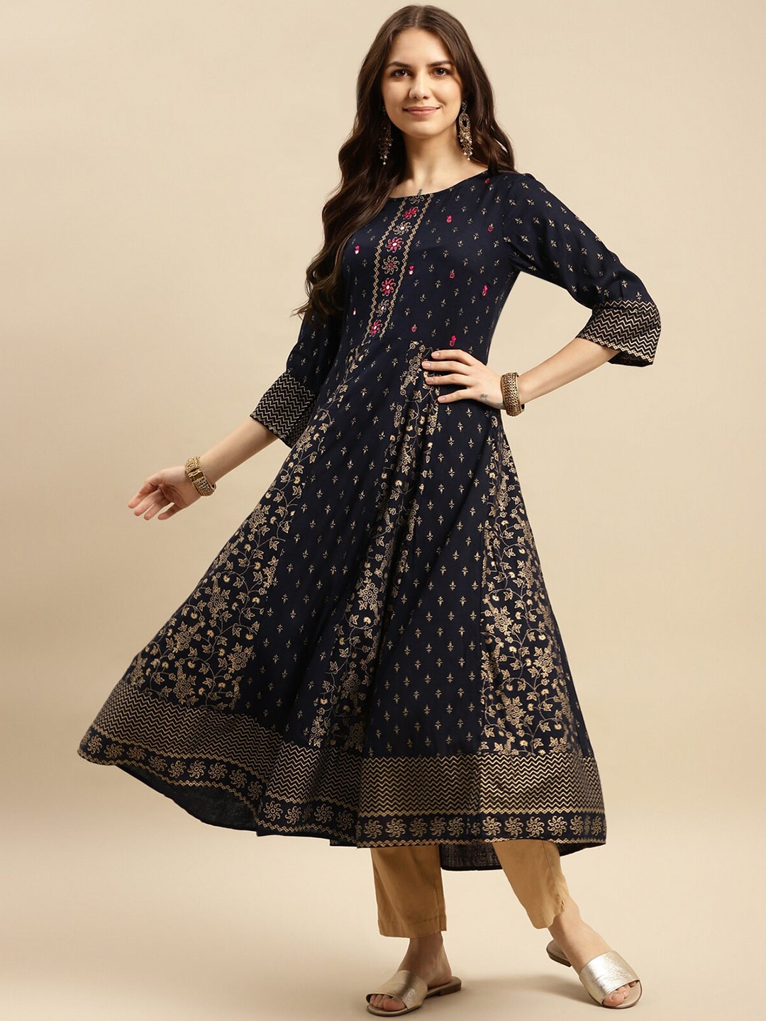 

Rangita Ethnic Motifs Printed Mirror Work Anarkali Panelled Kurta, Navy blue