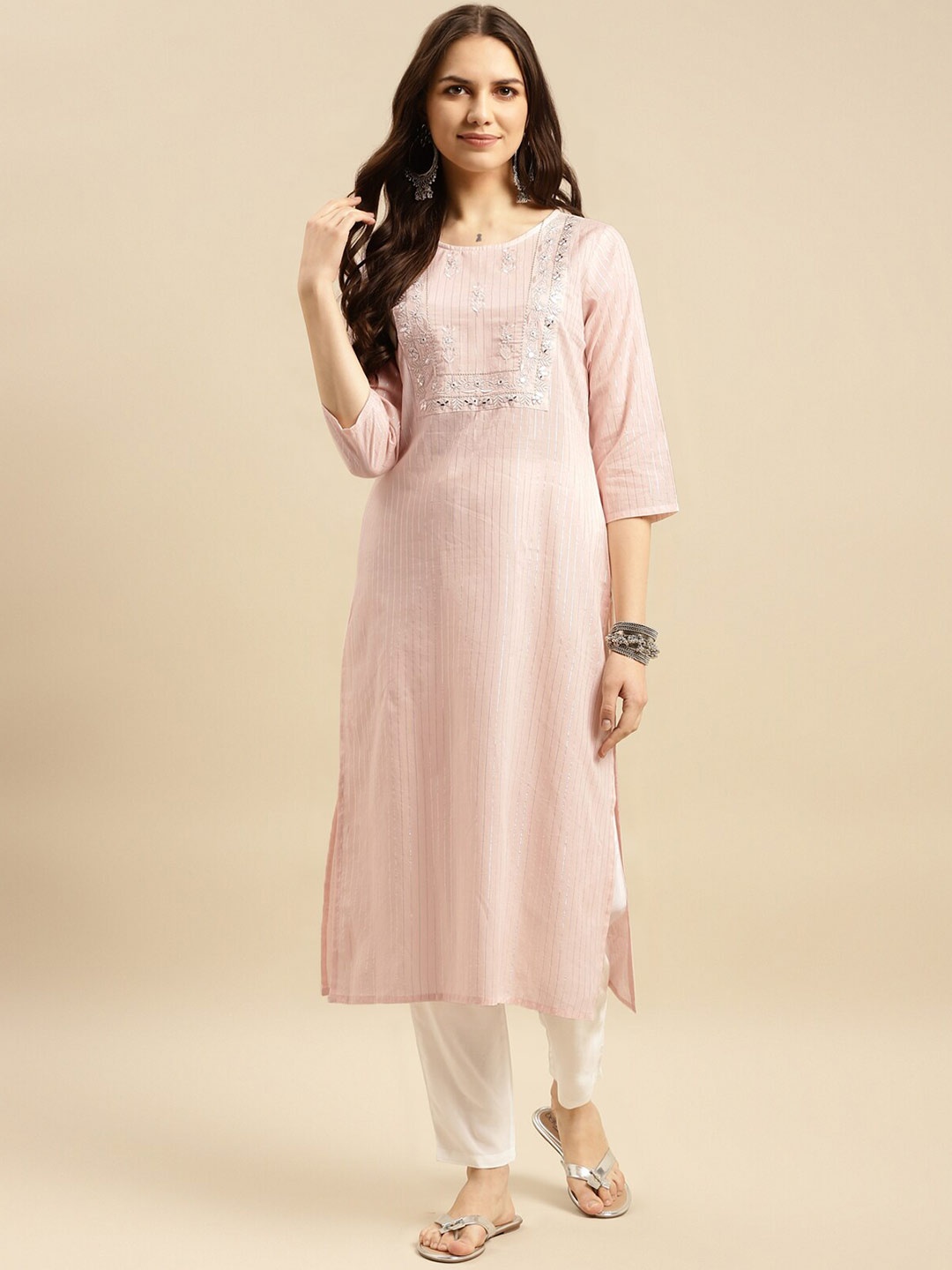 

Rangita Striped Thread Work Detailed Pure Cotton Straight Kurta, Peach