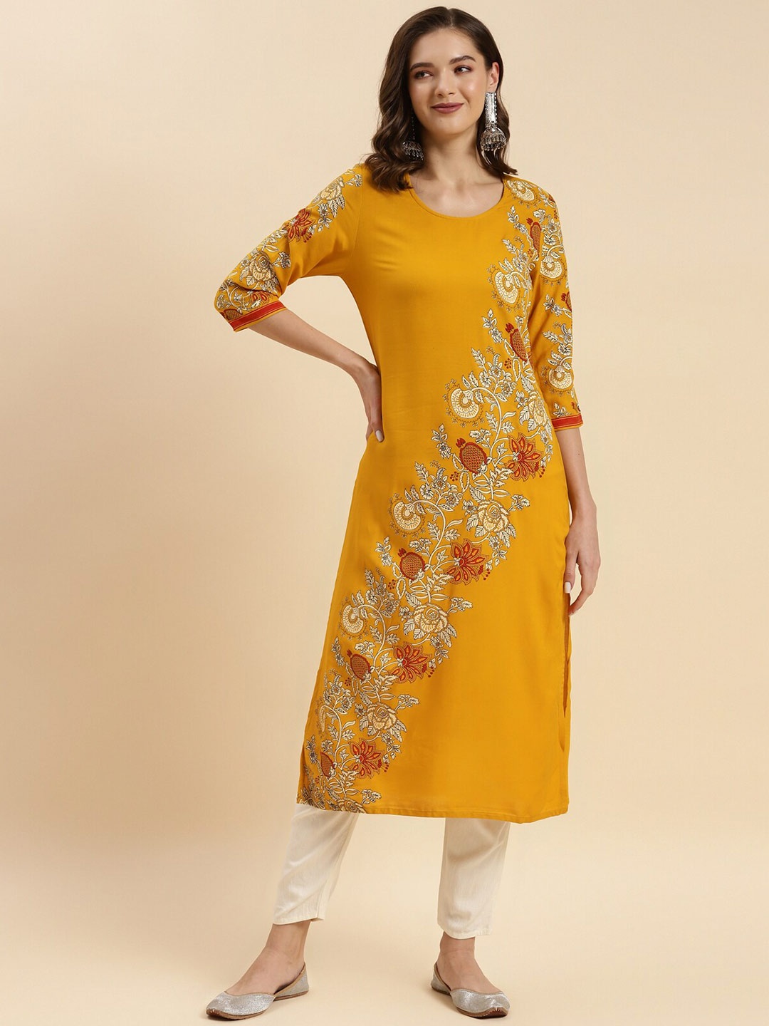 

Rangita Floral Printed Straight Kurta, Mustard