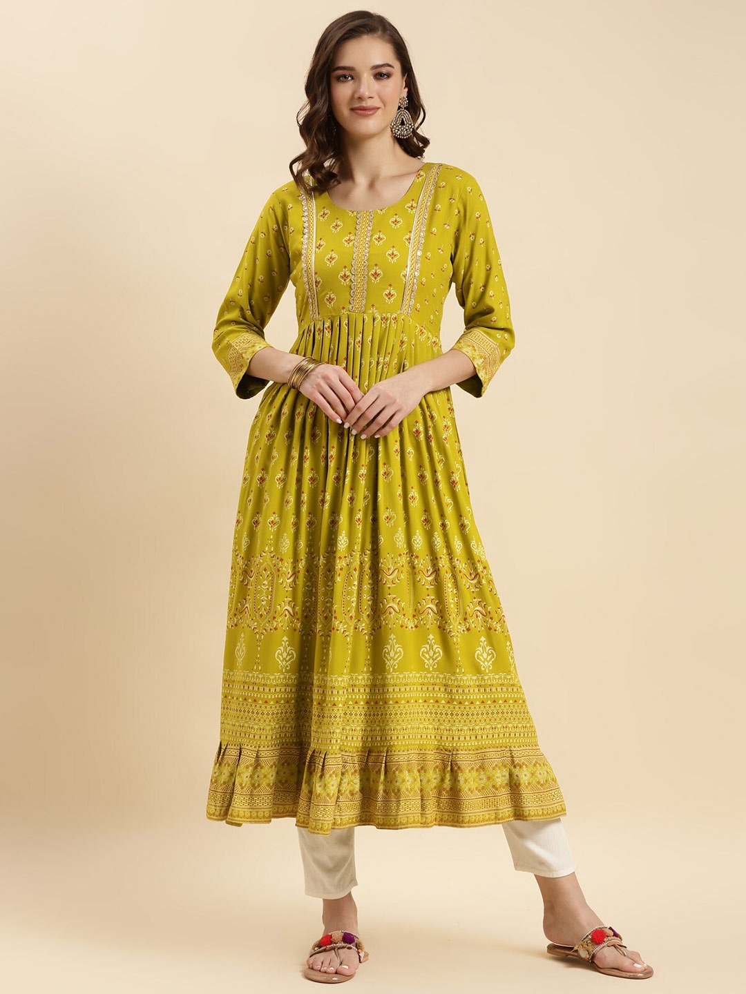 

Rangita Ethnic Motifs Printed Sequinned Detailed Pleated Anarkali Kurta, Green