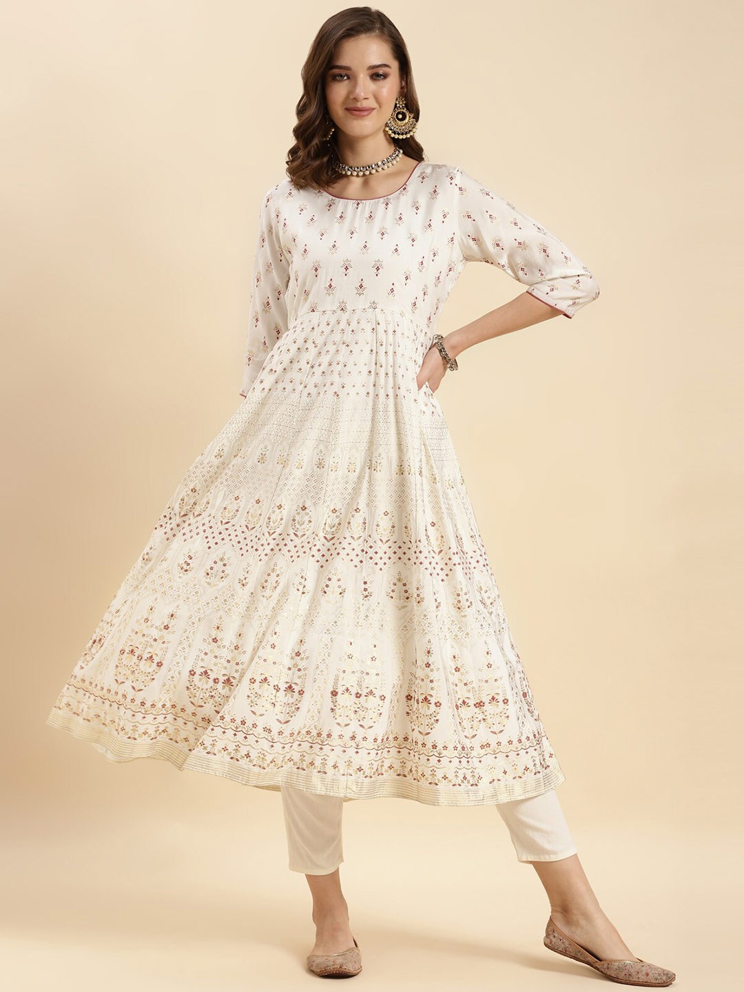 

Rangita Ethnic Motifs Printed Panelled Anarkali Kurta, Off white