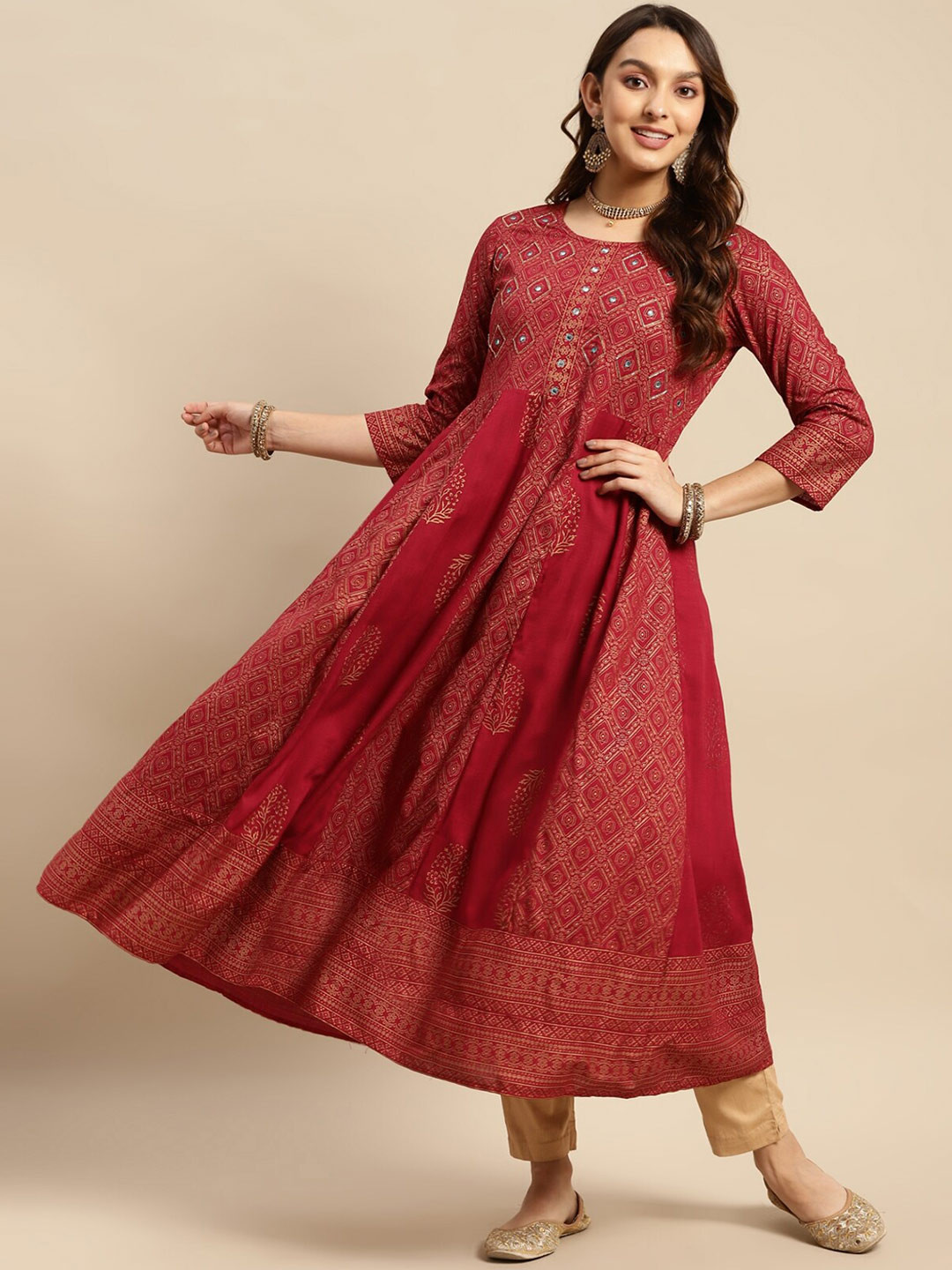 

Rangita Ethnic Motifs Printed Mirror Work Anarkali Kurta, Maroon