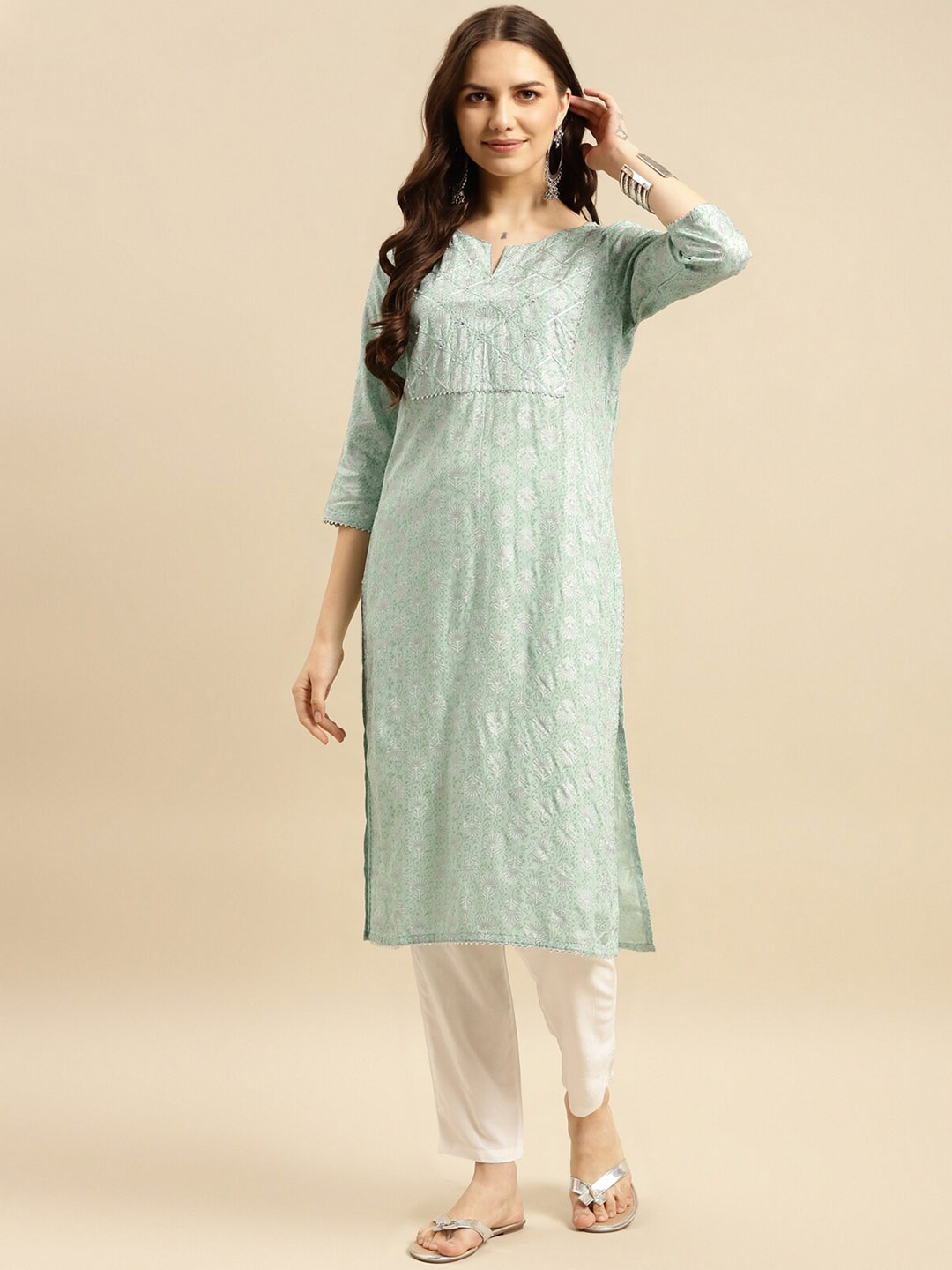 

Rangita Ethnic Motifs Printed Gotta Patti Straight Kurta, Green