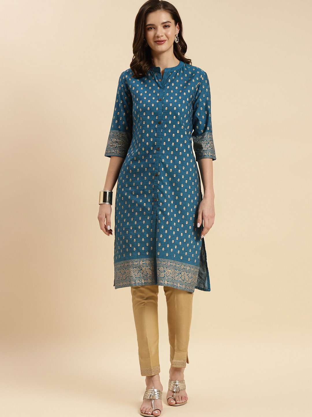 

Rangita Ethnic Motifs Printed Mandarin Collar Pure Cotton Kurta, Teal