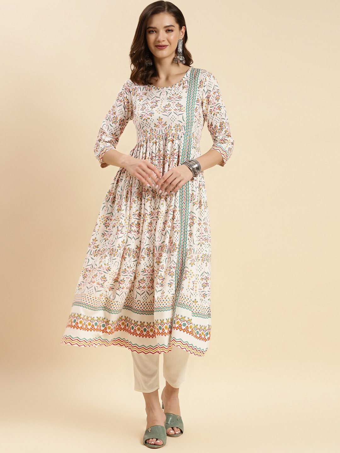 

Rangita Floral Printed Pleated A-Line Kurta, Off white