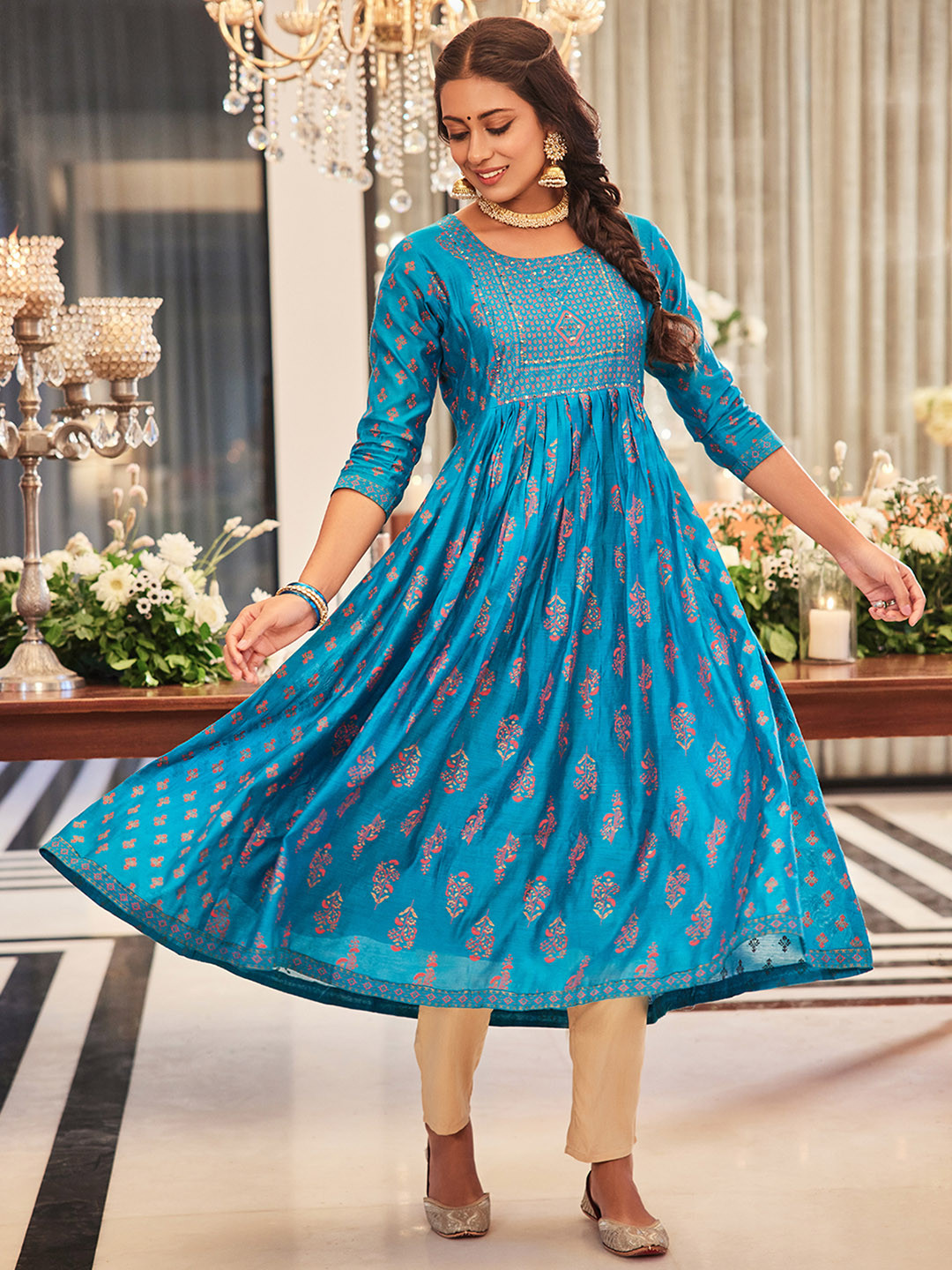 

Rangita Ethnic Motifs Printed Sequined Yoke Chanderi Silk Anarkali Kurta, Turquoise blue