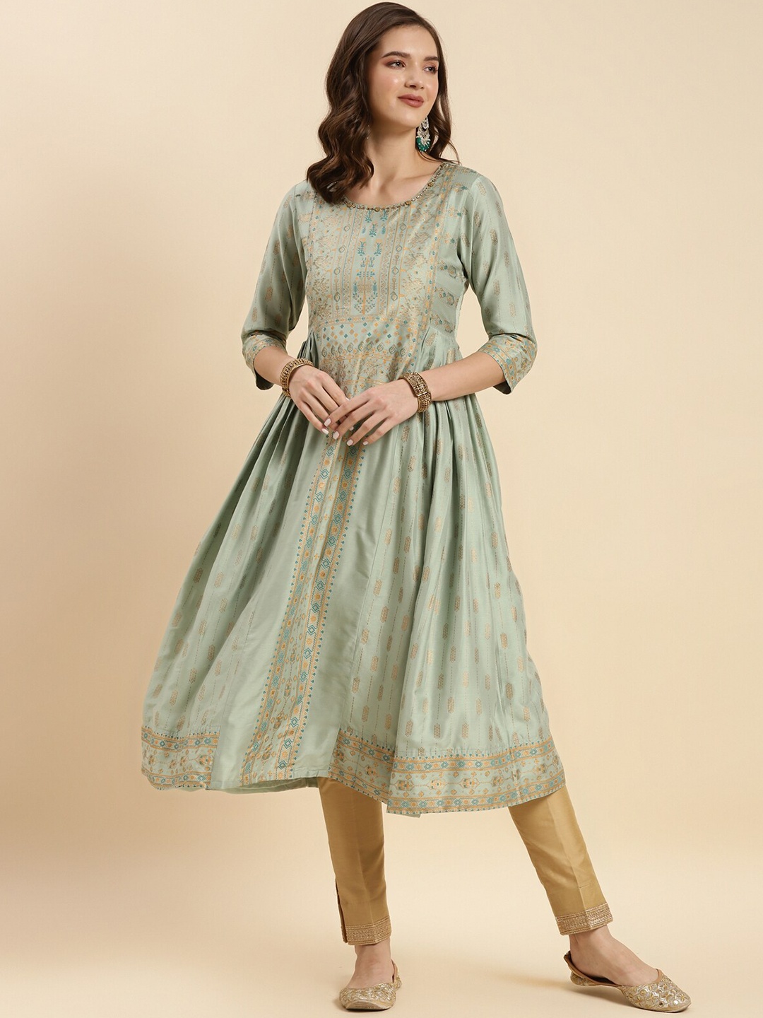

Rangita Ethnic Motifs Printed Chanderi Anarkali Kurta, Green