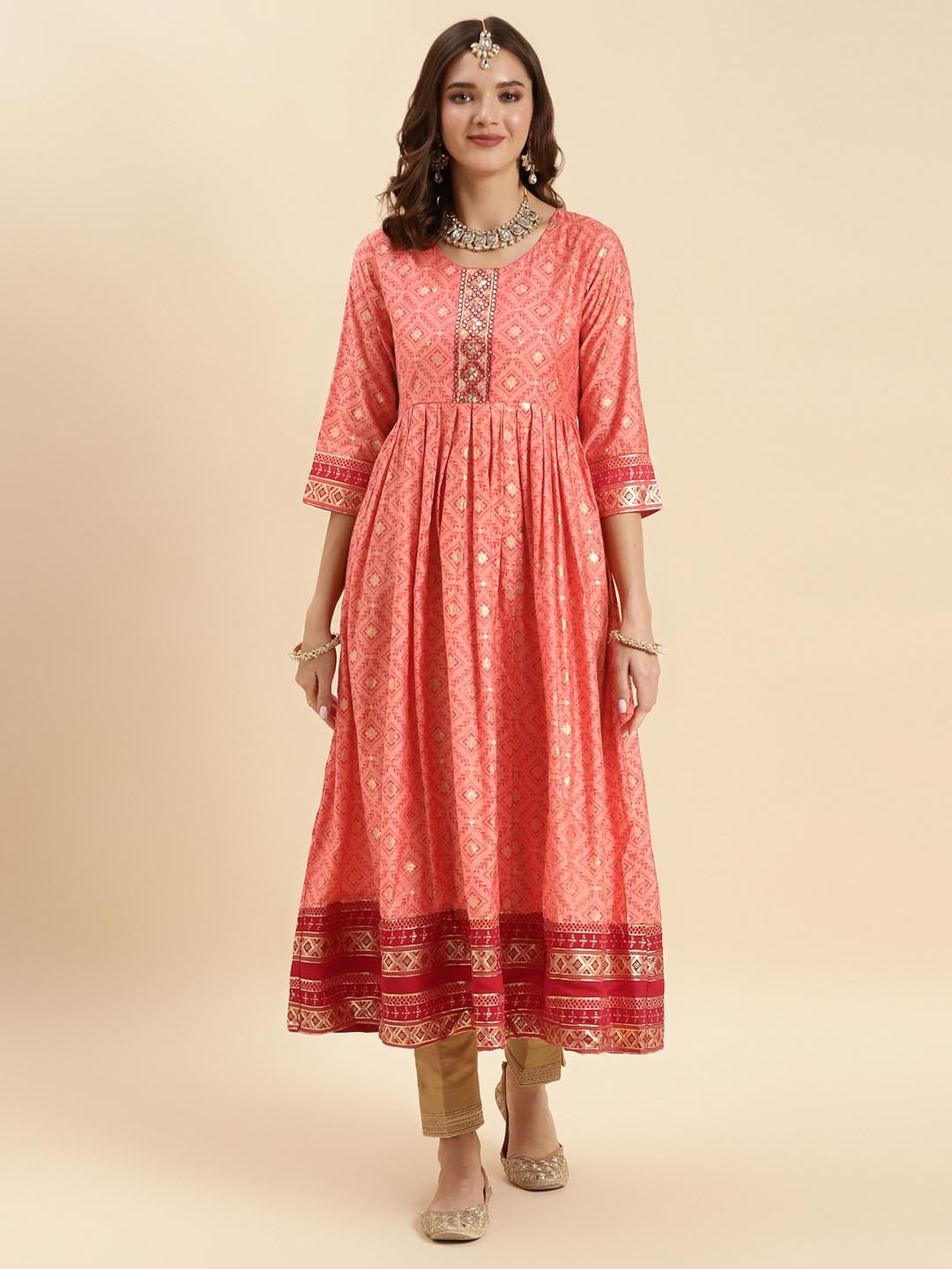 

Rangita Ethnic Motifs Printed Mirror Work Anarkali Kurta, Pink