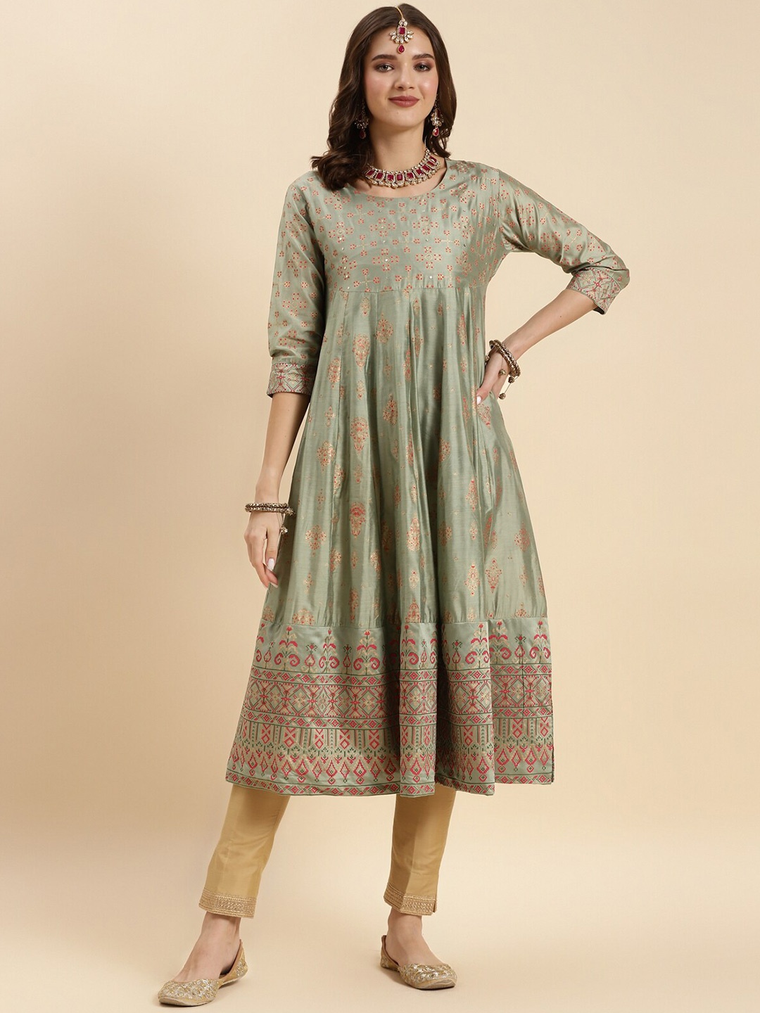 

Rangita Ethnic Motifs Printed Sequined Anarkali Kurta, Green