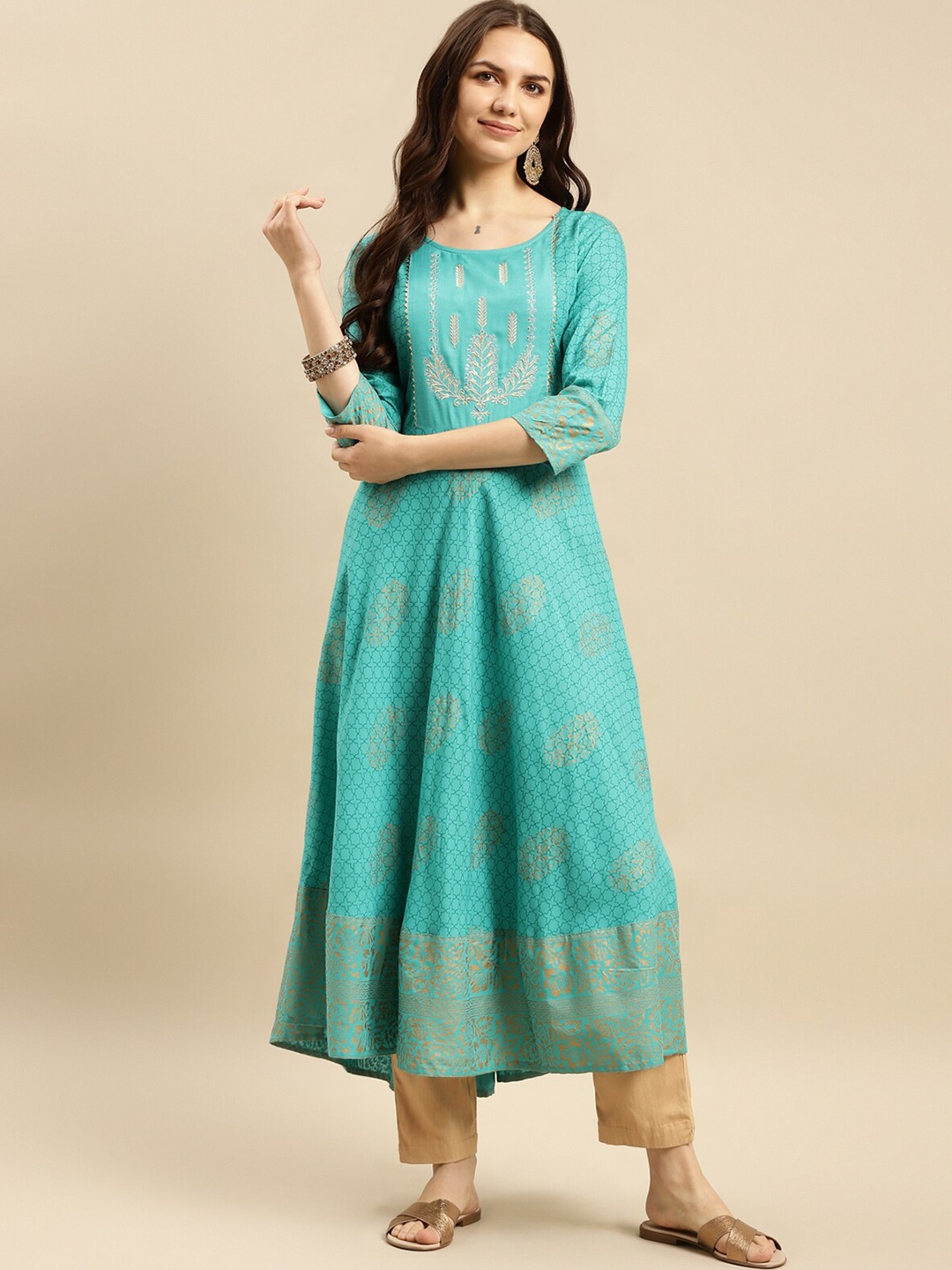 

Rangita Ethnic Motifs Printed Thread Work Anarkali Kurta, Sea green