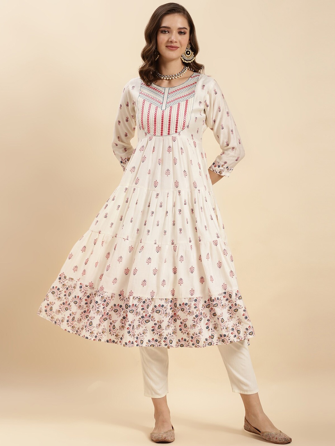 

Rangita Floral Printed Pleated Anarkali Kurta, White