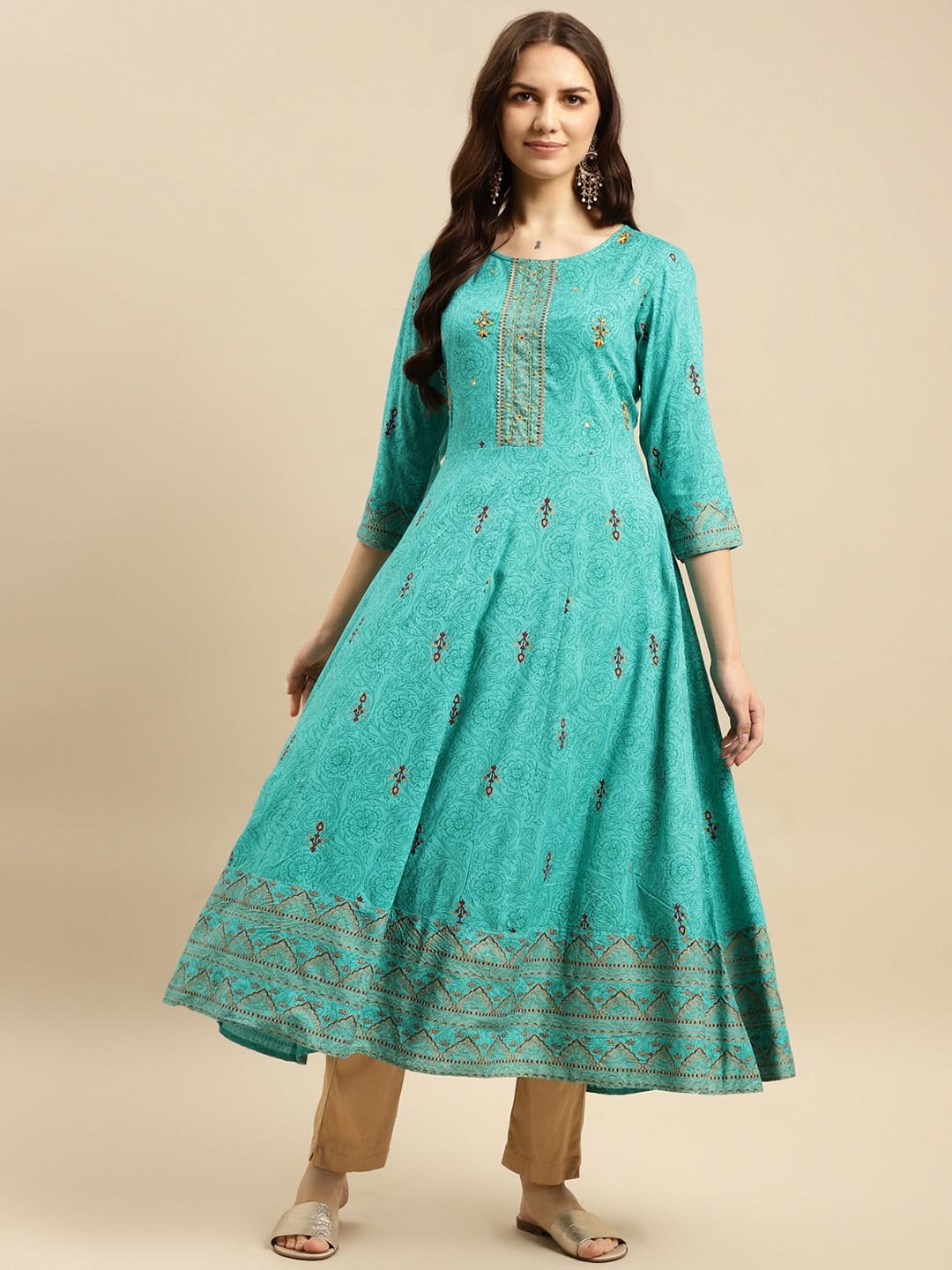 

Rangita Floral Printed Thread Work Anarkali Kurta, Sea green