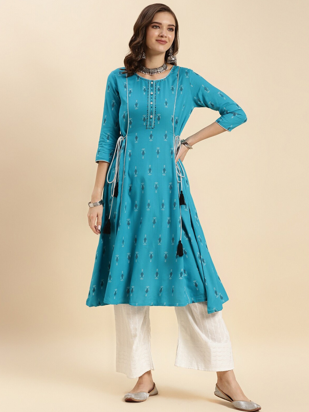 

Rangita Ethnic Motifs Printed Tie-Ups A-Line Kurta, Turquoise blue