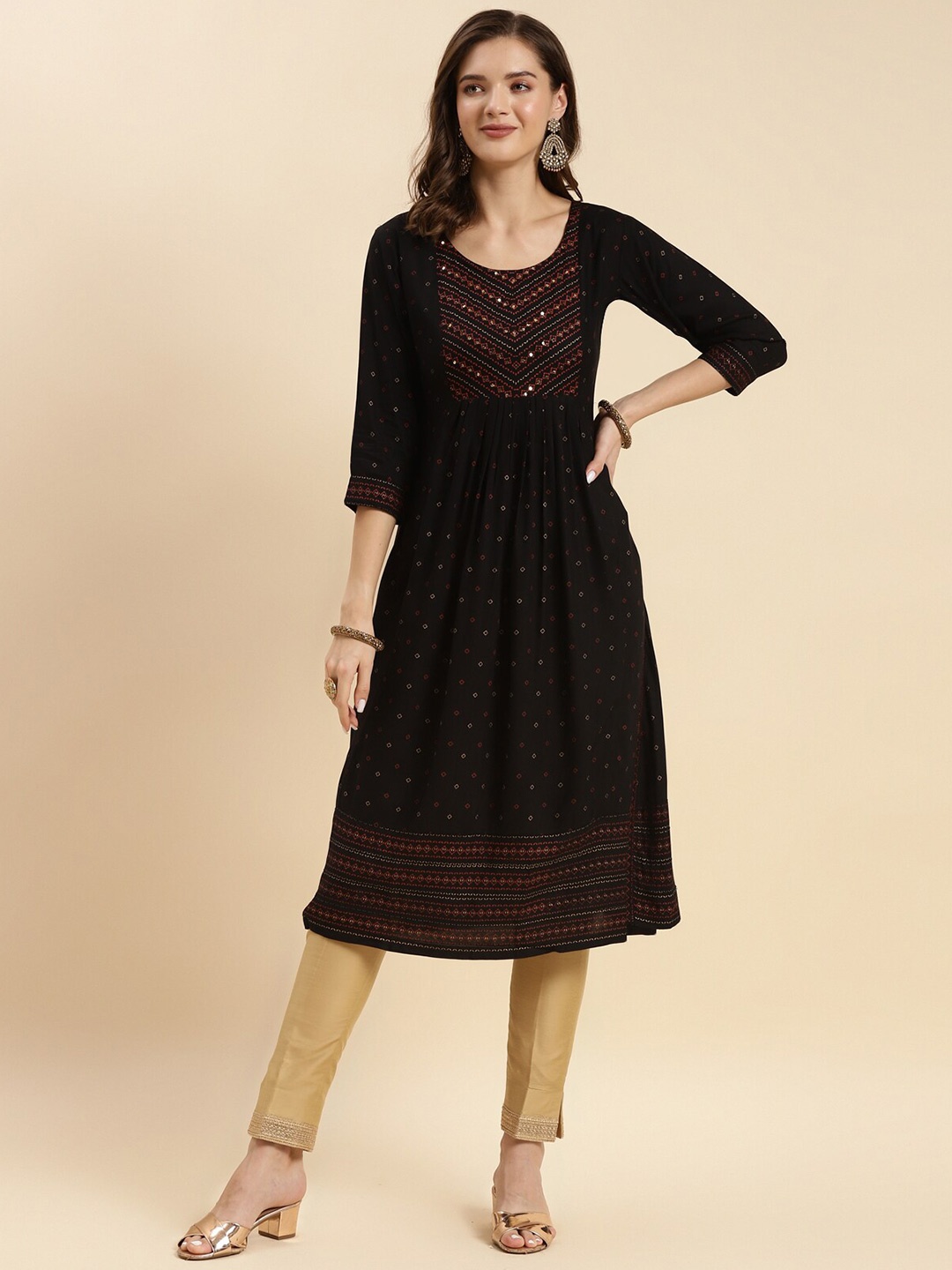 

Rangita Ethnic Motifs Embroidered & Mirror Work Pleated A-Line Kurta, Black