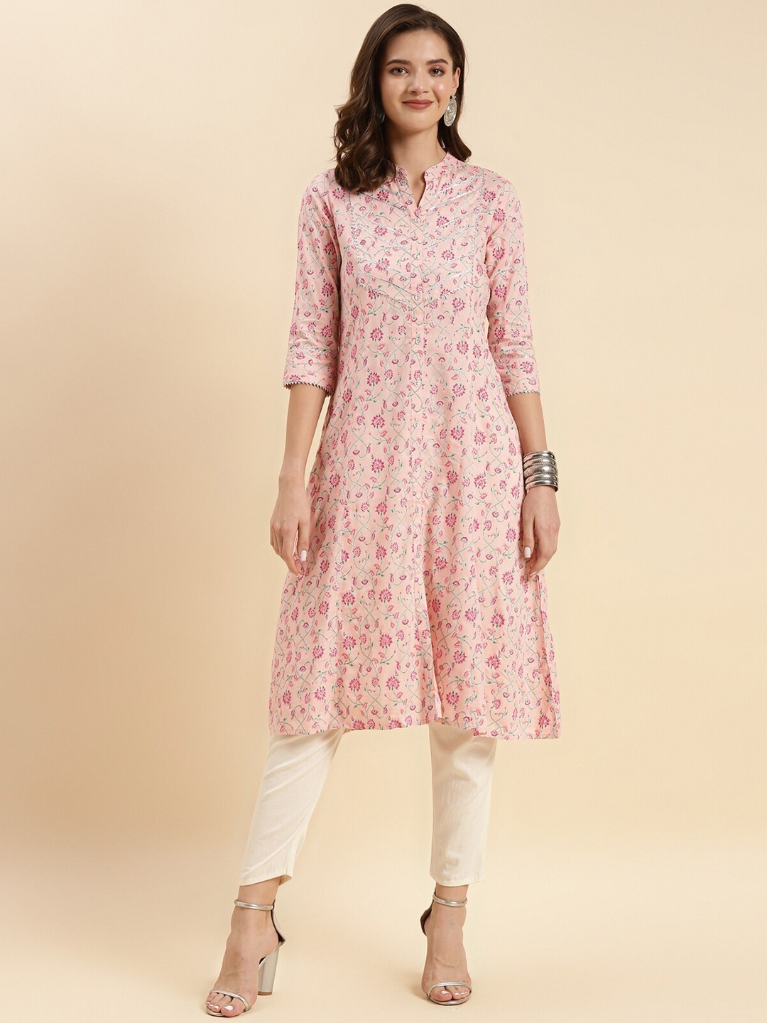 

Rangita Floral Printed Gotta Patti A Line Kurta, Pink