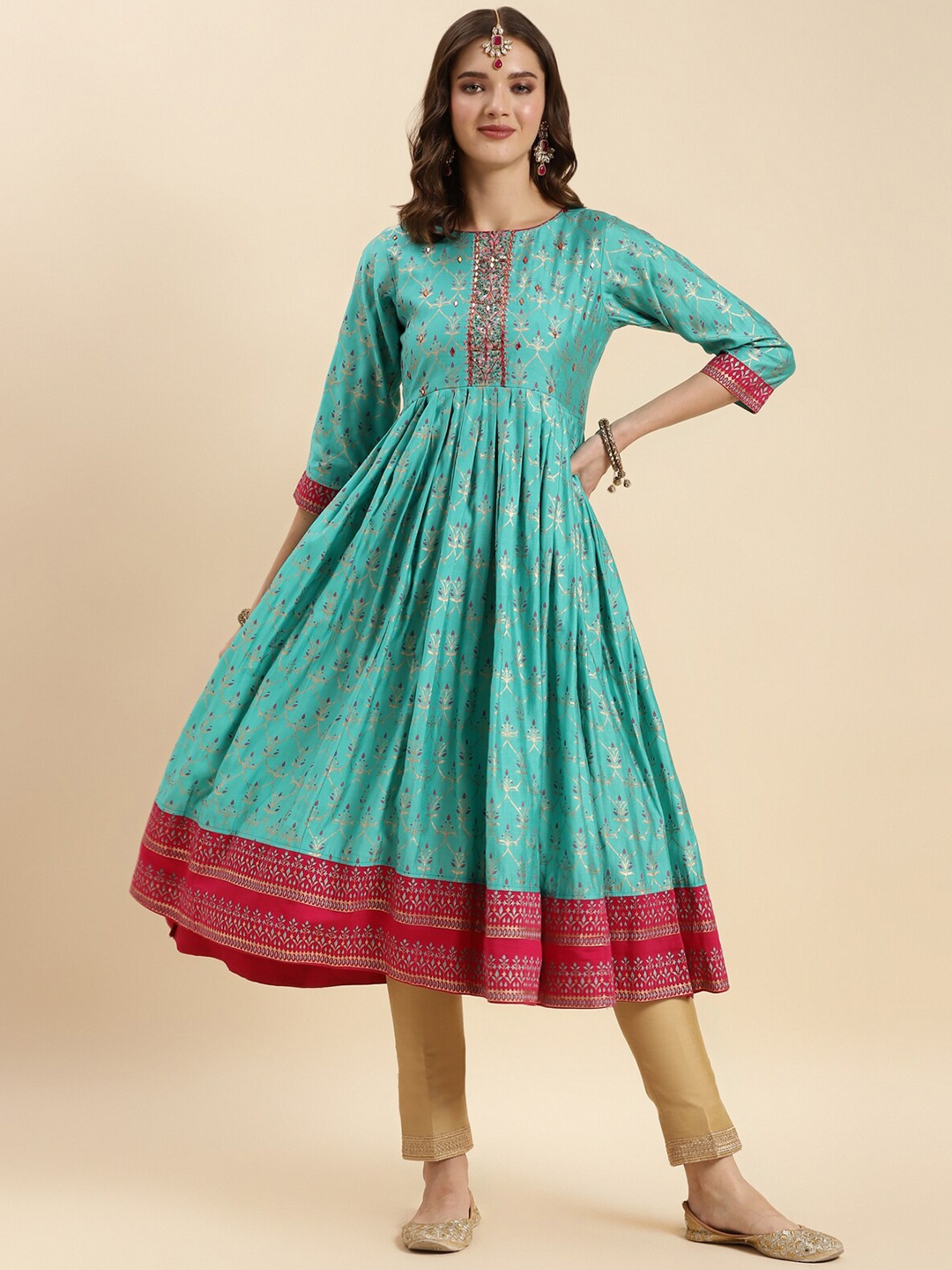 

Rangita Ethnic Motifs Printed Mirror Work Empire Anarkali Kurta, Turquoise blue