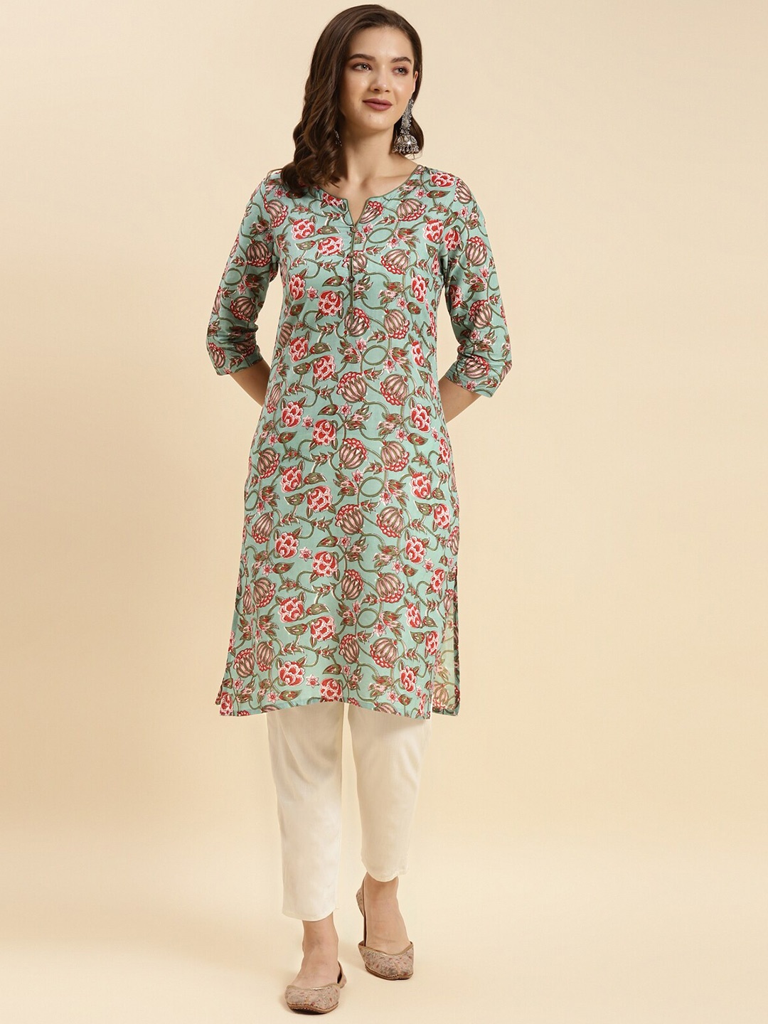 

Rangita Floral Printed Pure Cotton Straight Kurta, Sea green
