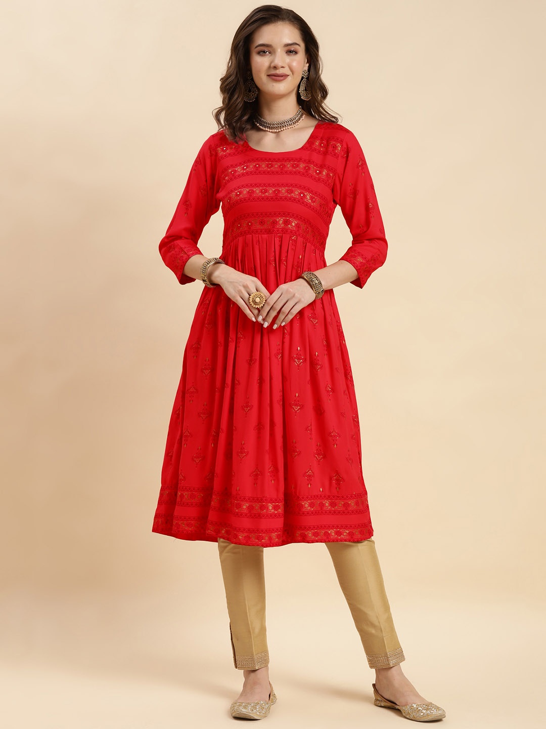 

Rangita Ethnic Motifs Printed A-Line Flared Kurta, Pink