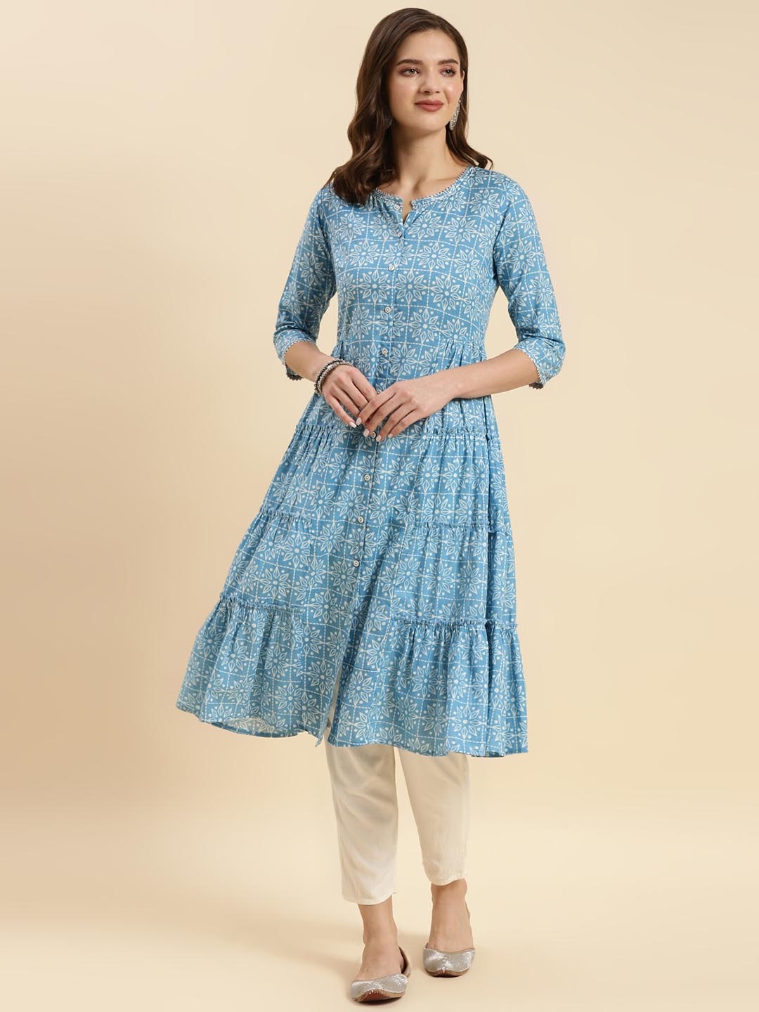

Rangita Geometric Printed Gotta Patti Pure Cotton A-Line Kurta, Blue