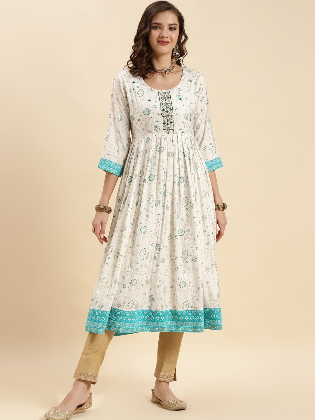 

Rangita Floral Printed Round Neck Beads & Stones Anarkali Kurta, Off white