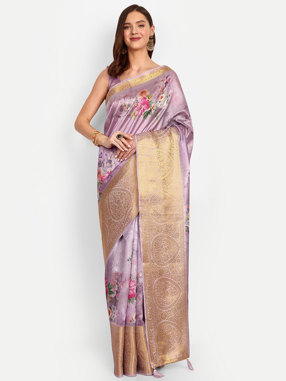 

DrapeMall Floral Printed Zari Art Silk Saree, Lavender