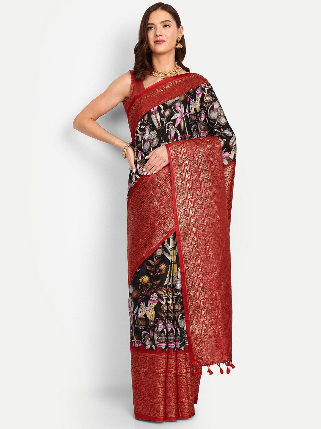 

DrapeMall Ethnic Motifs Foil Printed Art Silk Saree, Black