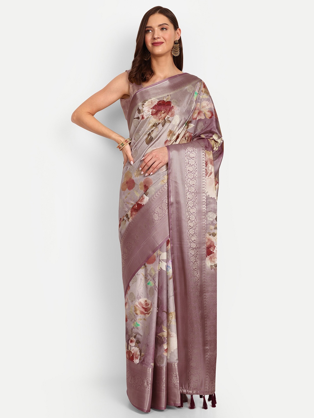 

DrapeMall Floral Printed Zari Art Silk Saree, Lavender