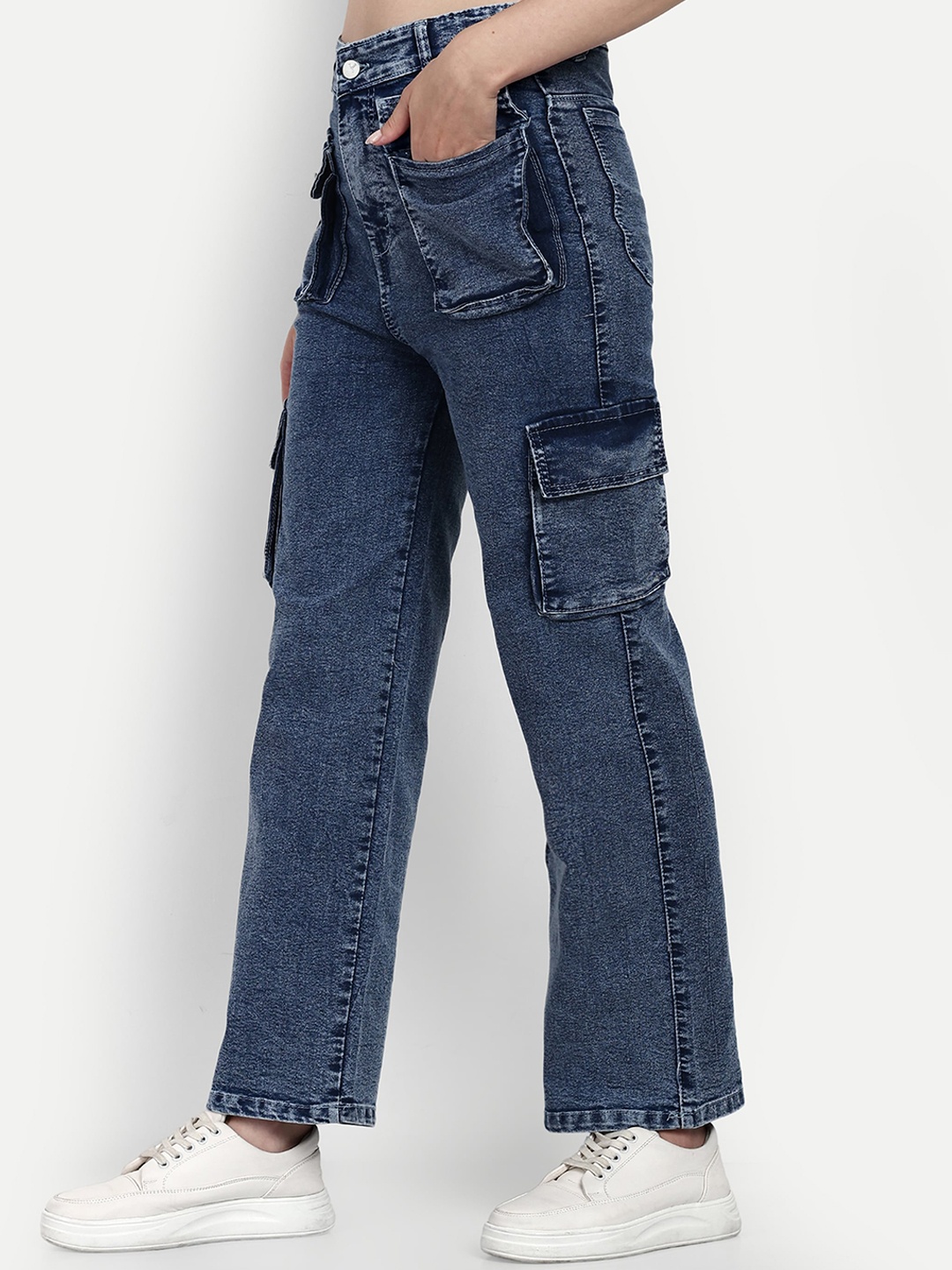

BROADSTAR Women Smart Wide Leg High Rise Stretchable Cargo Jeans, Blue