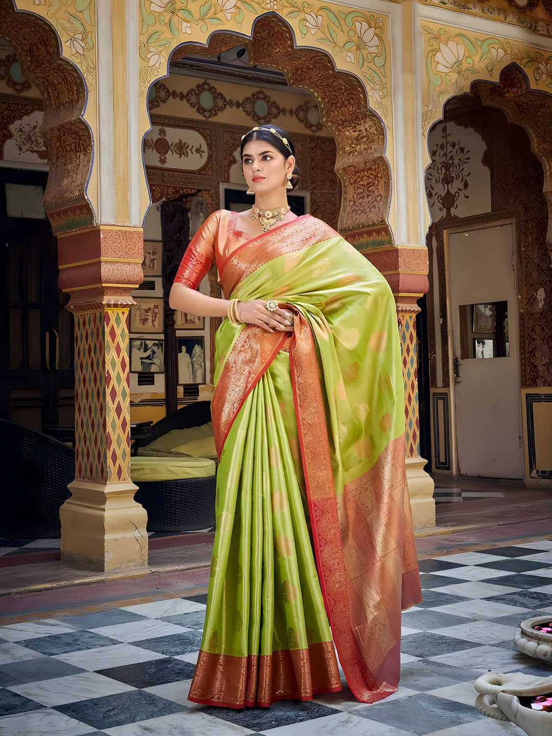 

Mitera Green & Red Ethnic Motifs Woven Design Zari Dharmavaram Saree
