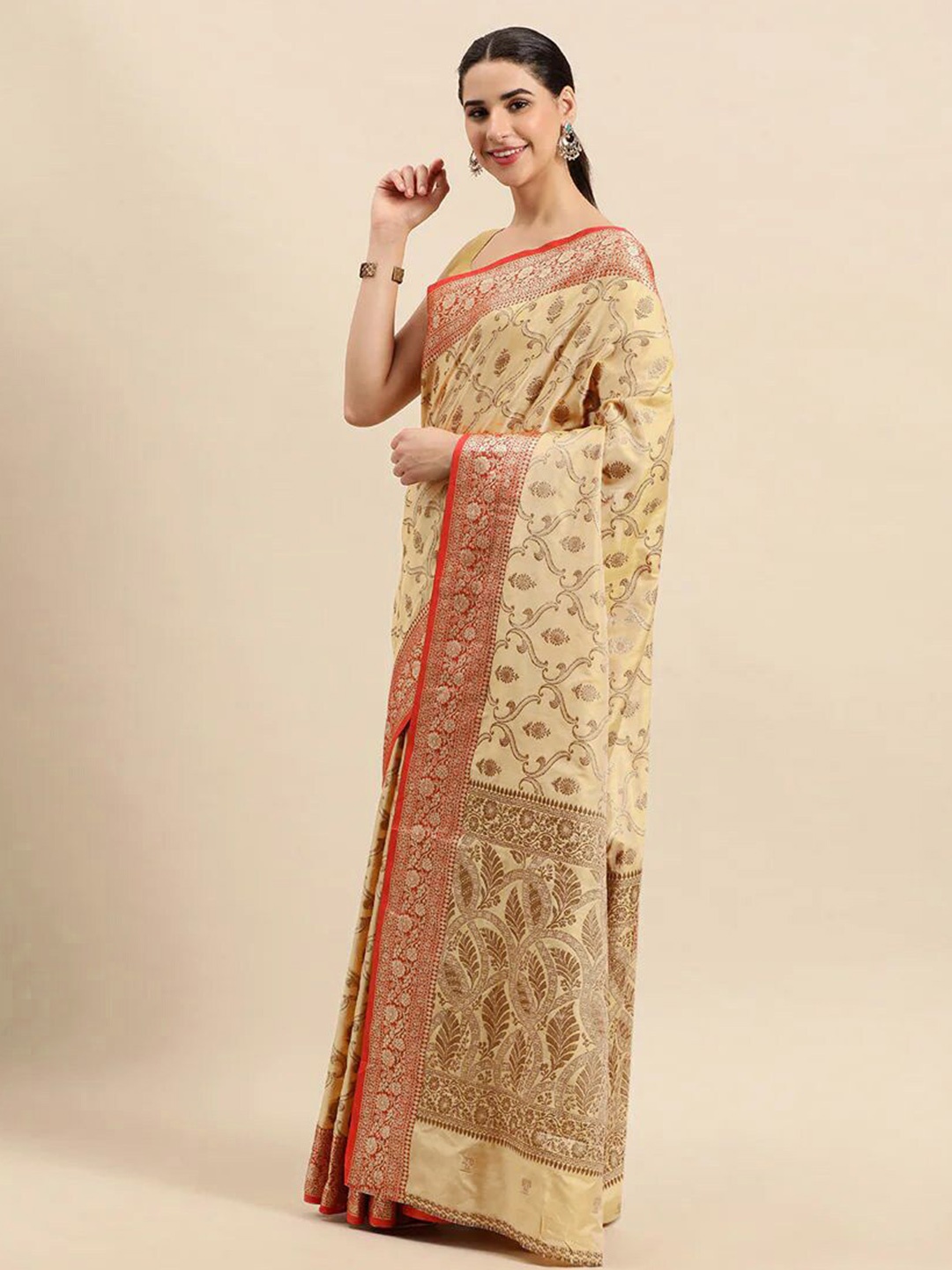 

Mitera Cream-Coloured & Red Ethnic Motifs Woven Design Banarasi Saree