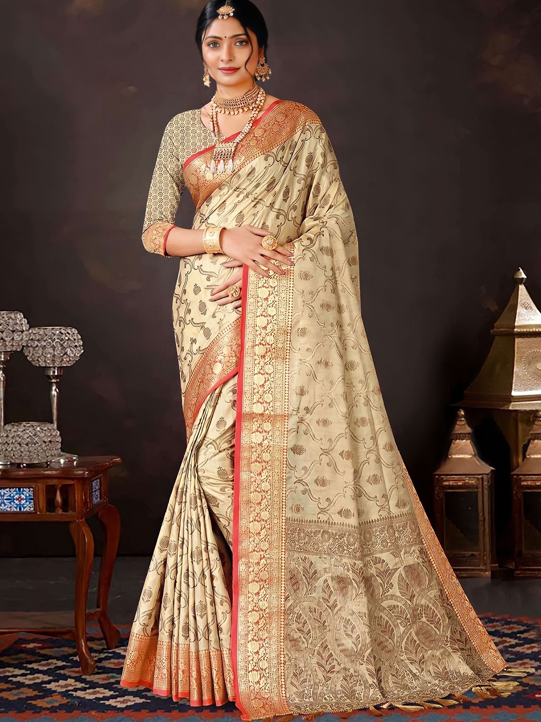 

Mitera Cream-Coloured & Red Floral Woven Design Zari Banarasi Saree