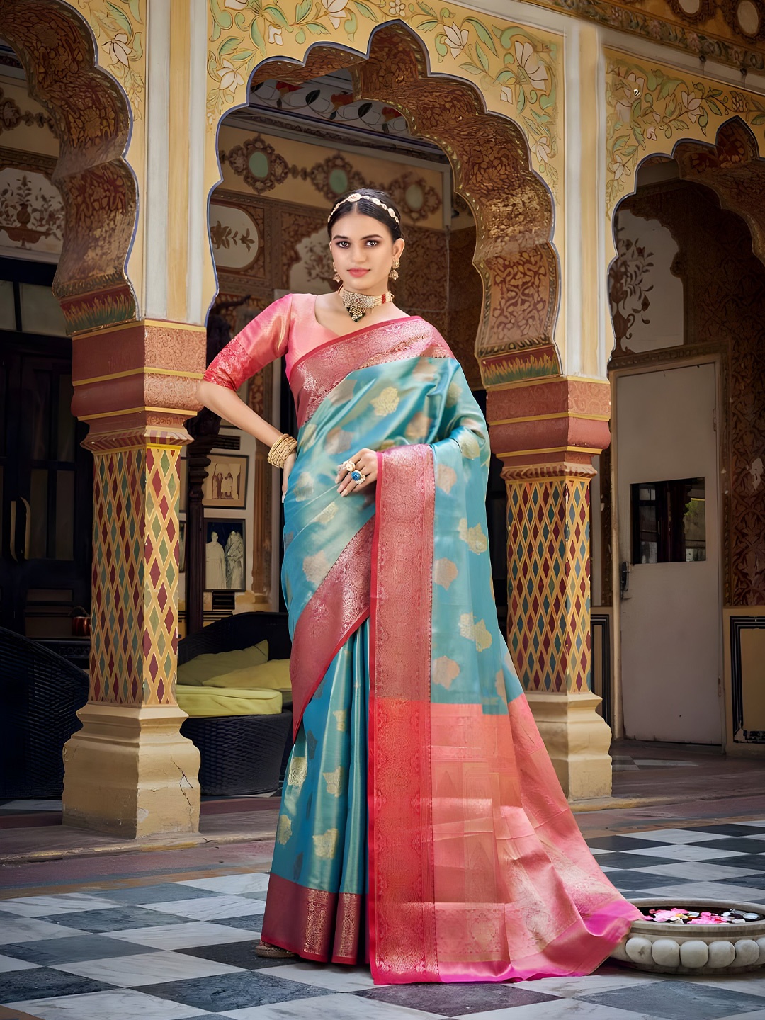 

Mitera Blue & Pink Ethnic Motifs Woven Design Zari Dharmavaram Saree