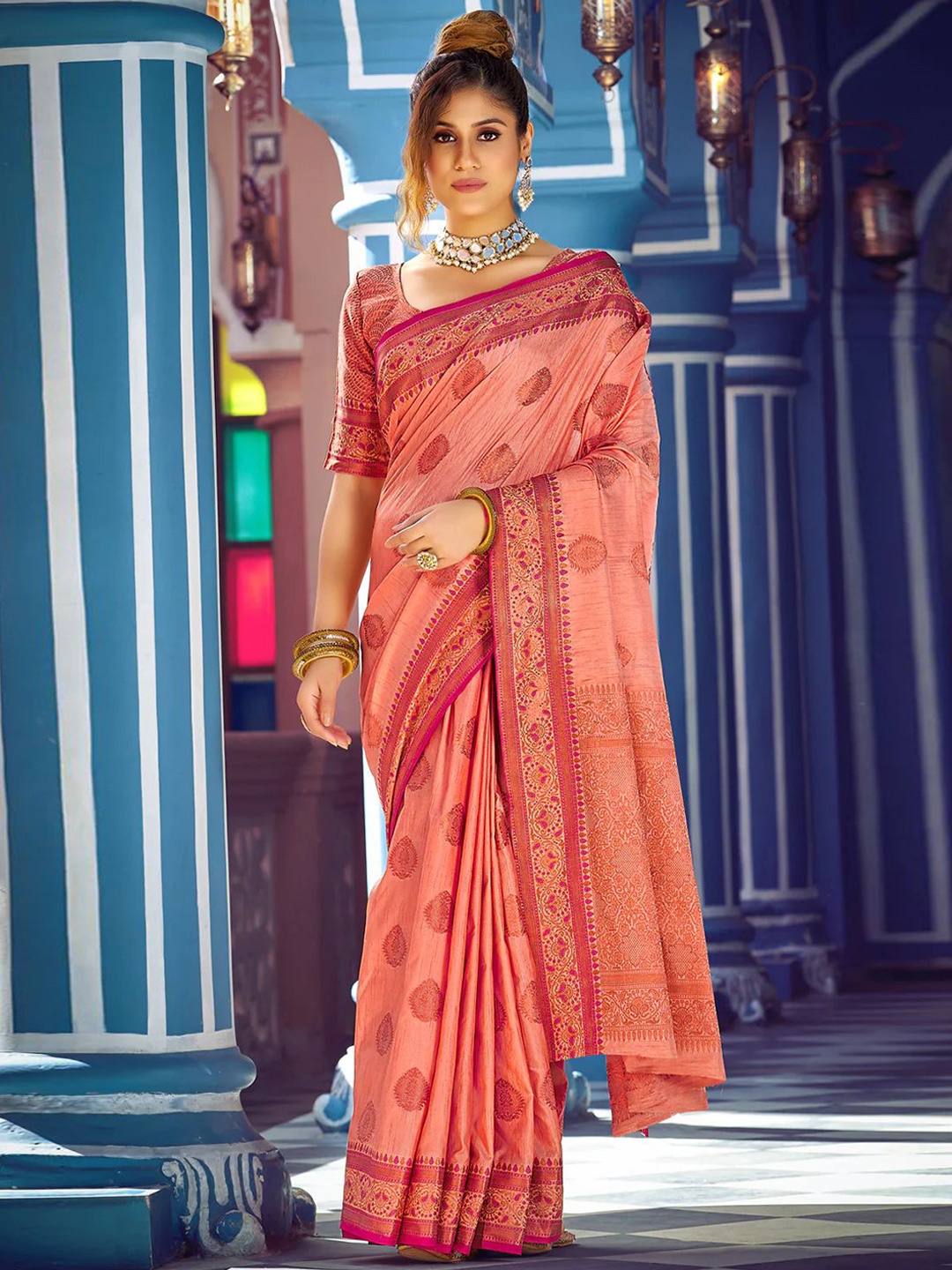 

Mitera Coral & Gold-Toned Ethnic Motifs Woven Design Zari Banarasi Saree