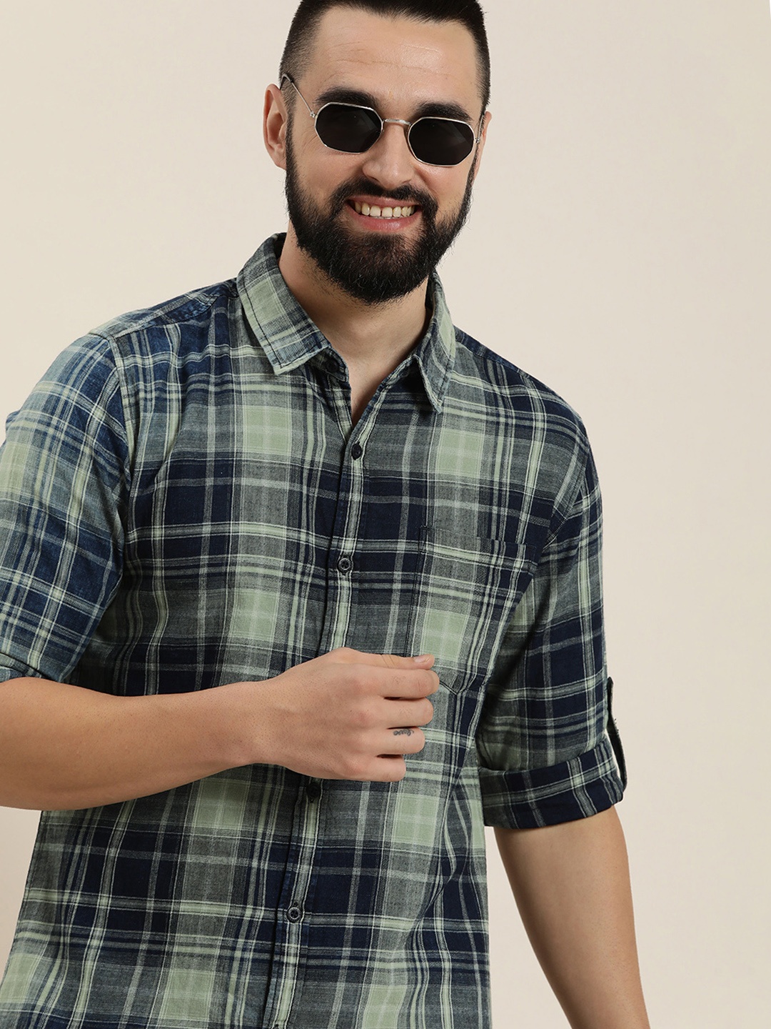 

HERE&NOW Pure Cotton Checked Casual Slim Fit Shirt, Navy blue