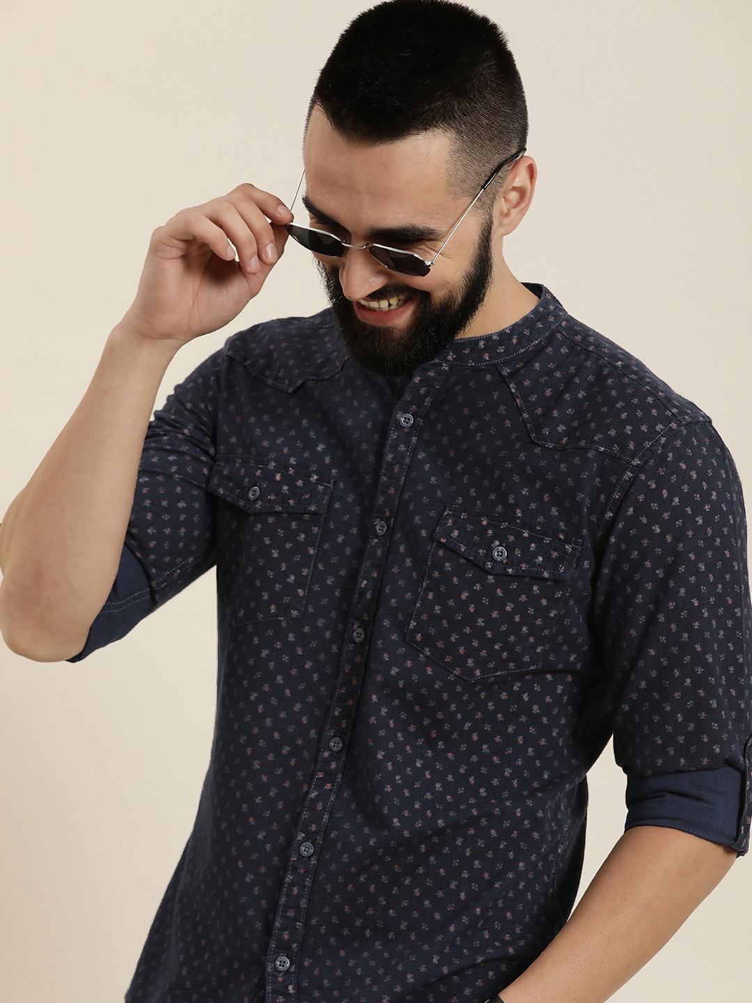 

HERE&NOW Pure Cotton Floral Printed Casual Slim Fit Shirt, Navy blue