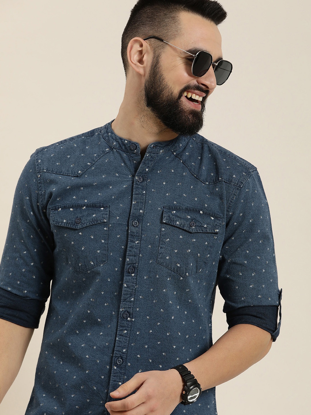 

HERE&NOW Pure Cotton Geometric Printed Casual Slim Fit Shirt, Navy blue