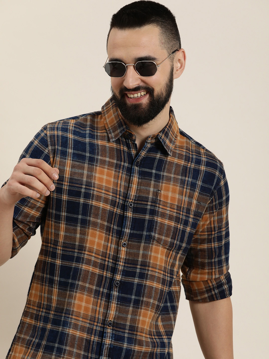 

HERE&NOW Pure Cotton Checked Casual Slim Fit Shirt, Navy blue