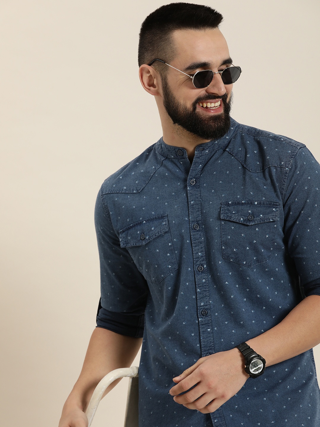 

HERE&NOW Pure Cotton Geometric Printed Casual Slim Fit Shirt, Navy blue