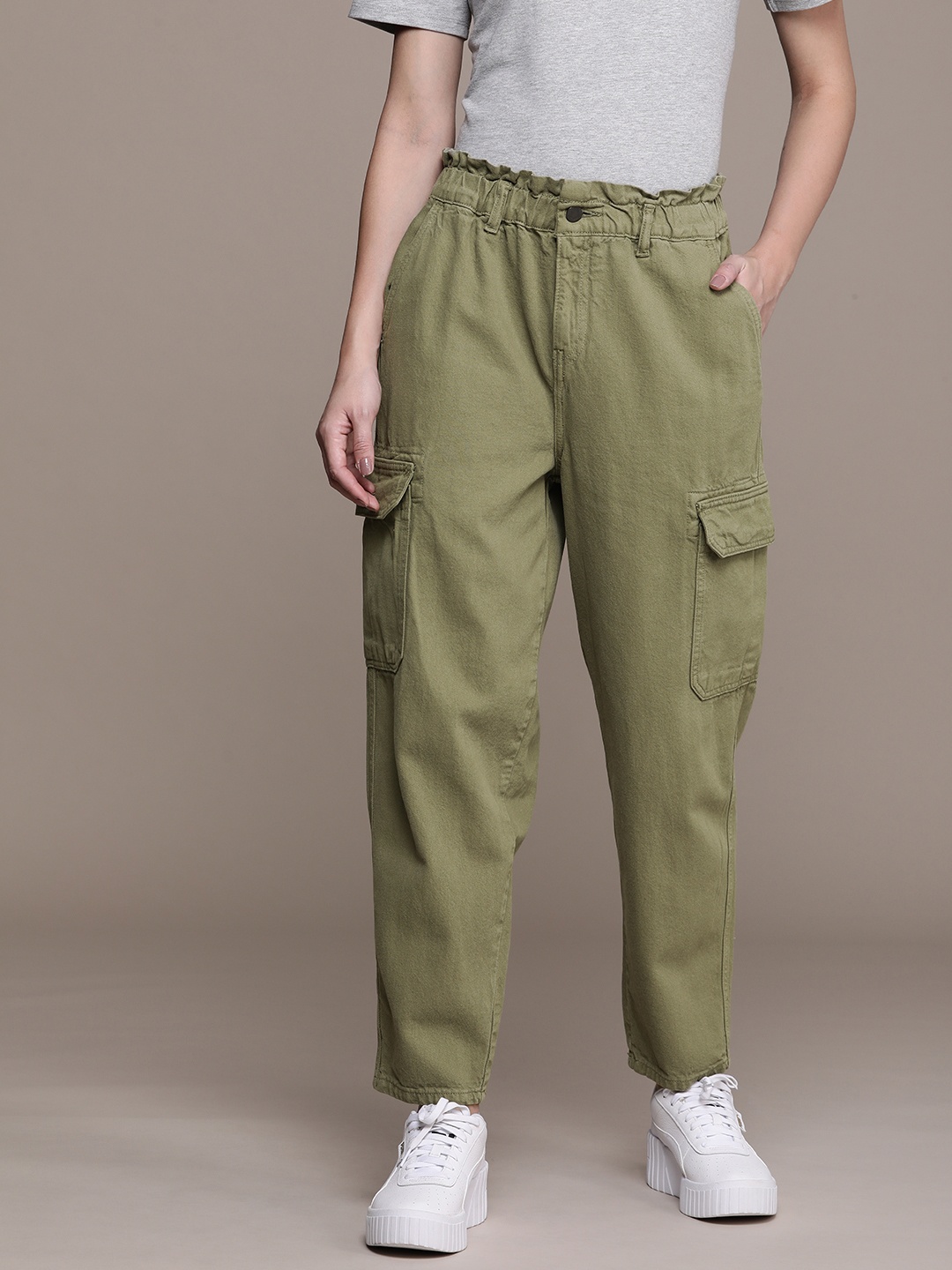 

Moda Rapido Women Carrot Fit Pure Cotton Cargo Jeans, Olive