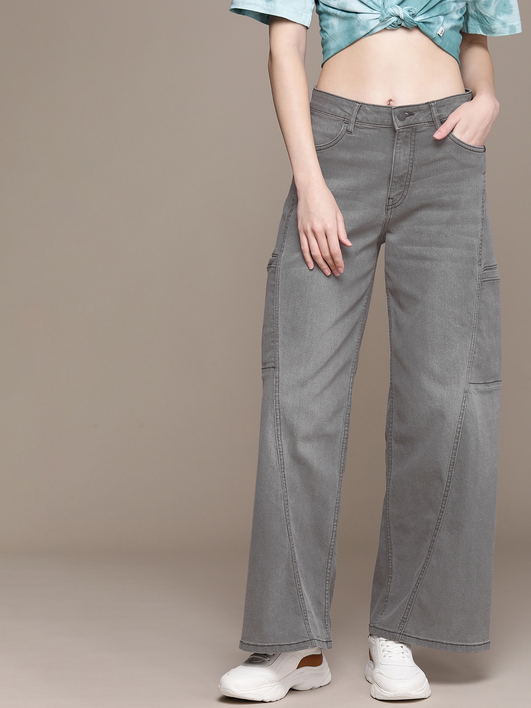 

Moda Rapido Women Wide Leg Light Fade Stretchable Cargo Style Jeans, Grey