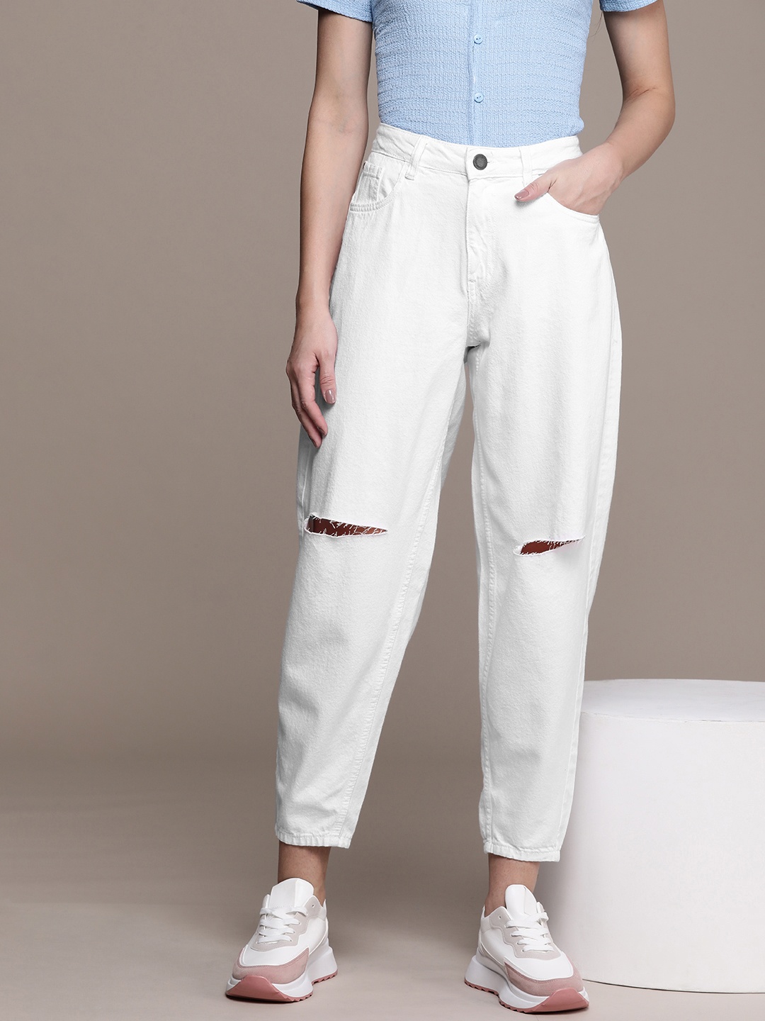 

Moda Rapido Women Mom Fit Pure Cotton Slash Knee Jeans, White