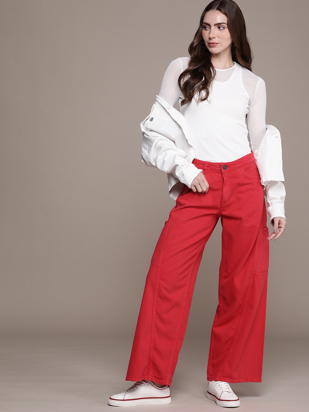 

Moda Rapido Women Carrot Fit Pure Cotton Cargo Jeans, Coral