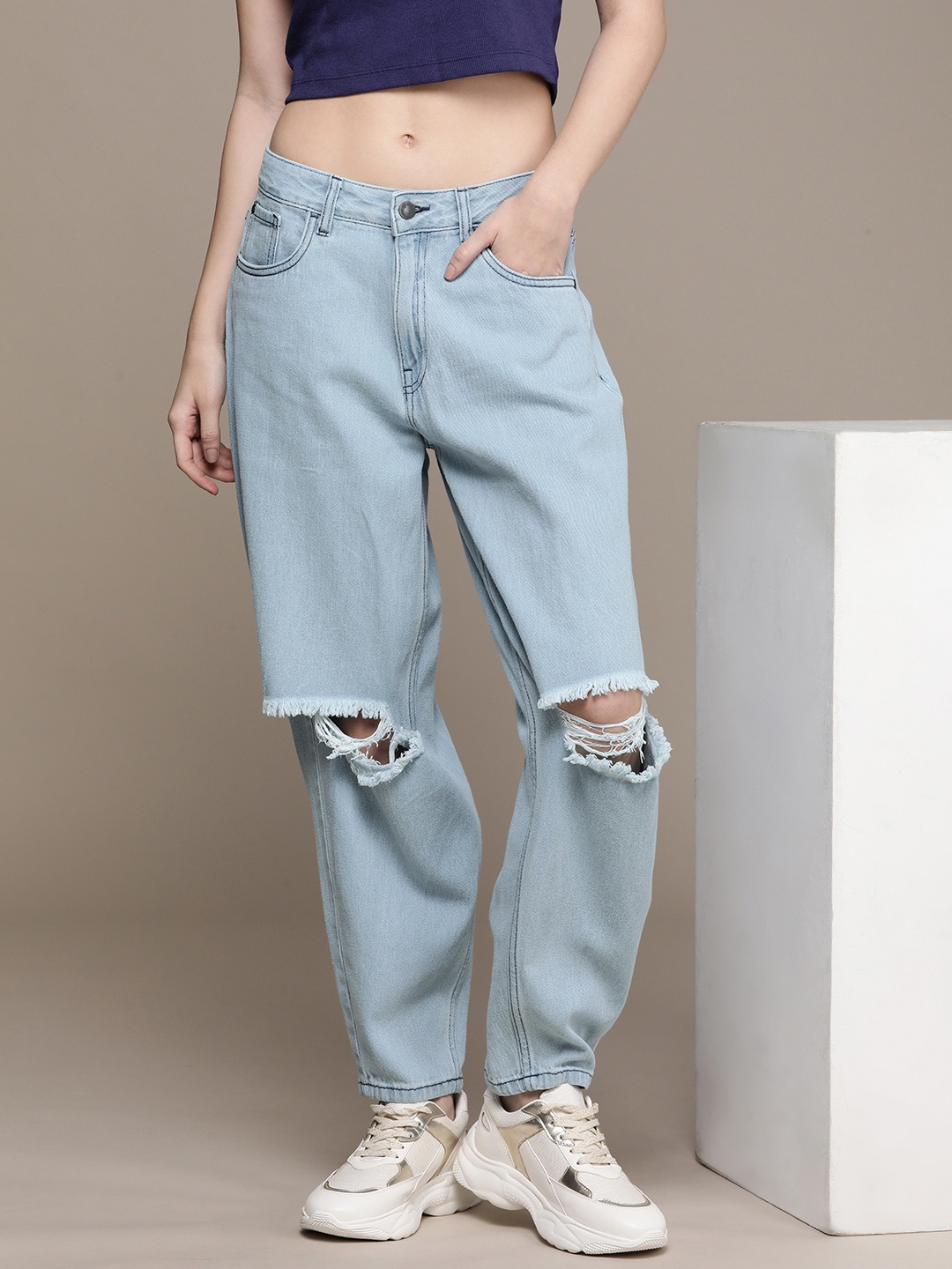 

Moda Rapido Women Pure Cotton Straight Fit Slash Knee Jeans, Blue