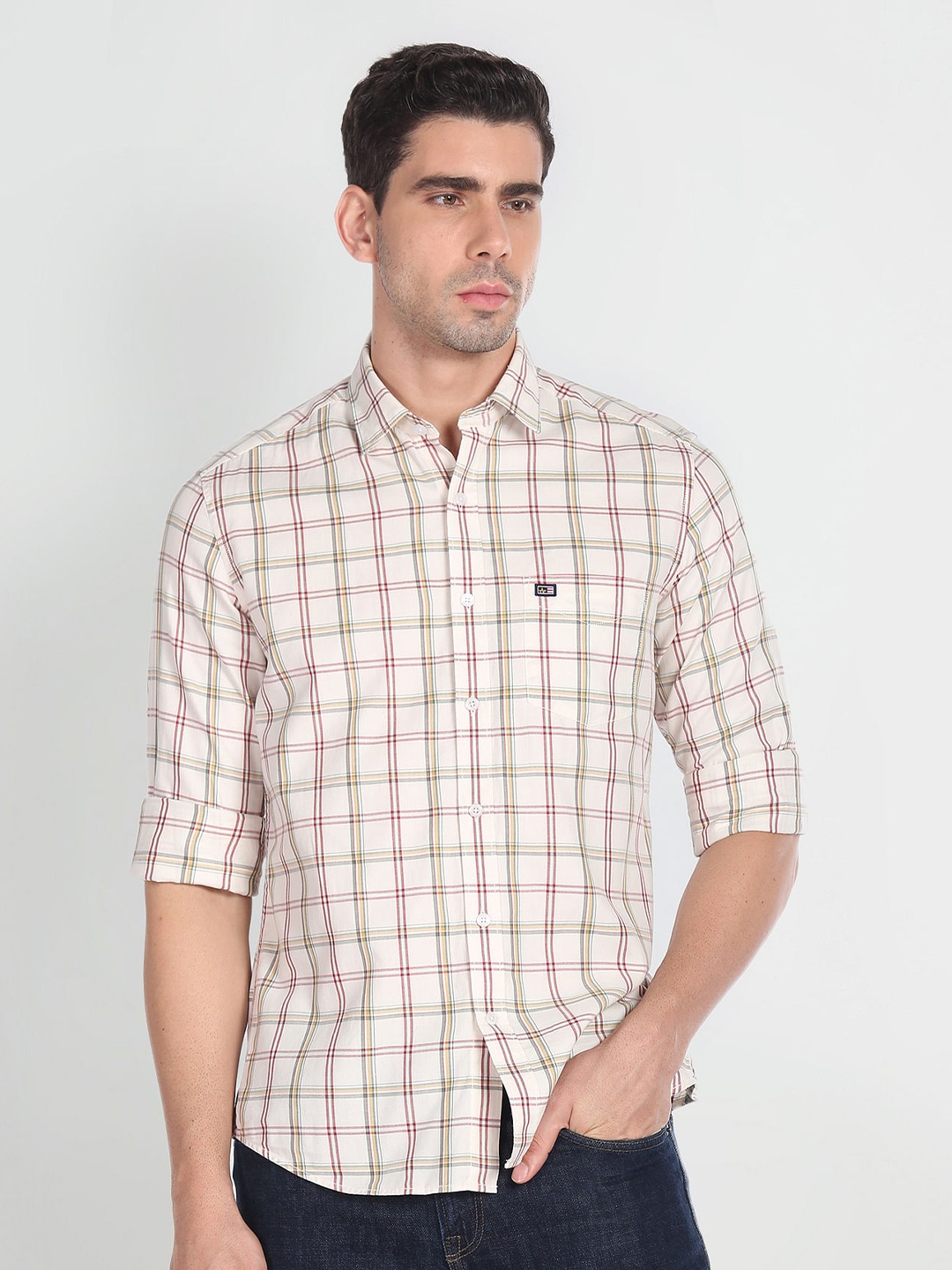 

Arrow Sport Spread Collar Slim Fit Checked Twill Pure Cotton Shirt, Beige